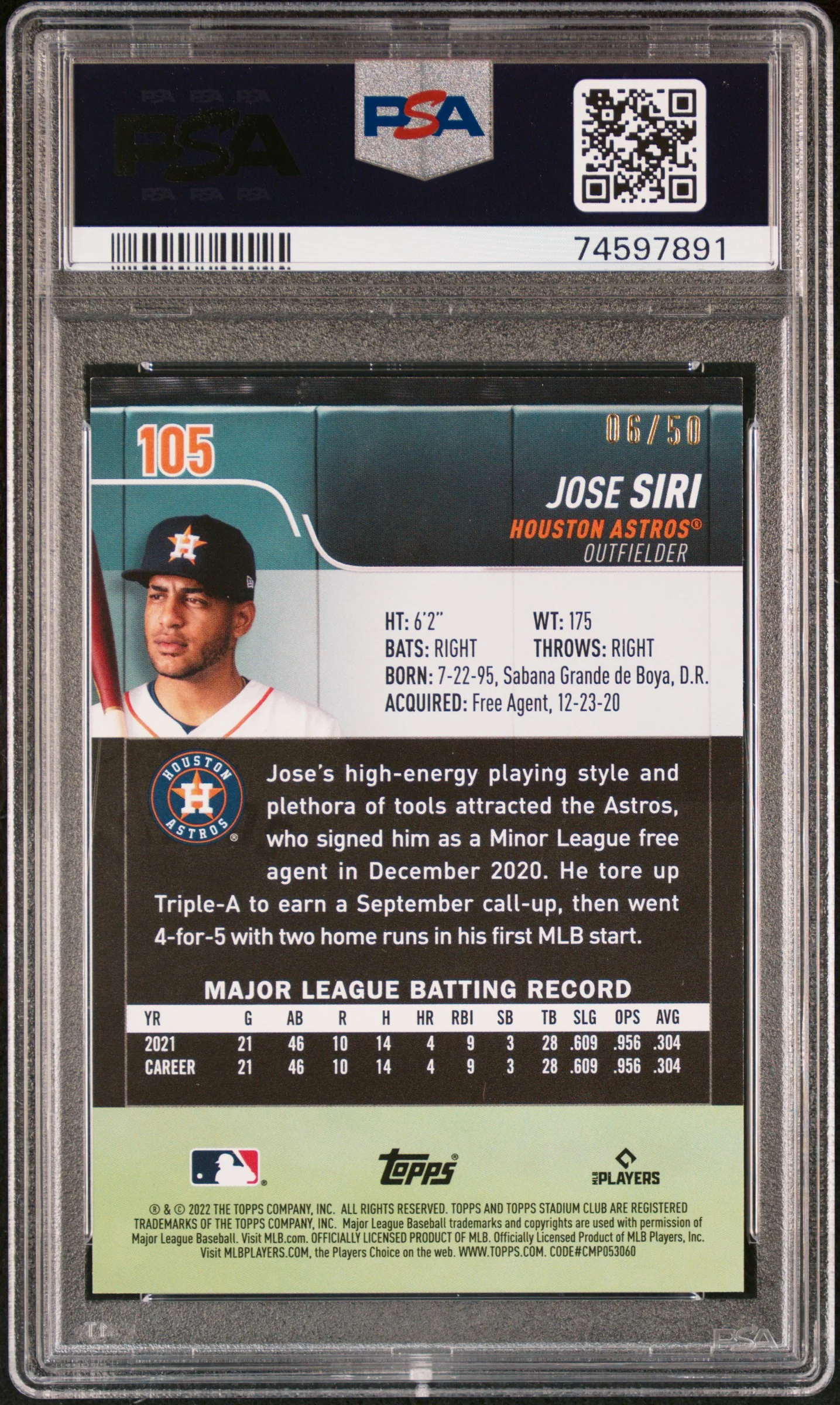 JOSE SIRI | 2022 TOPPS STADIUM CLUB 105 | BLUE FOIL | PSA MINT 9 - Image 2