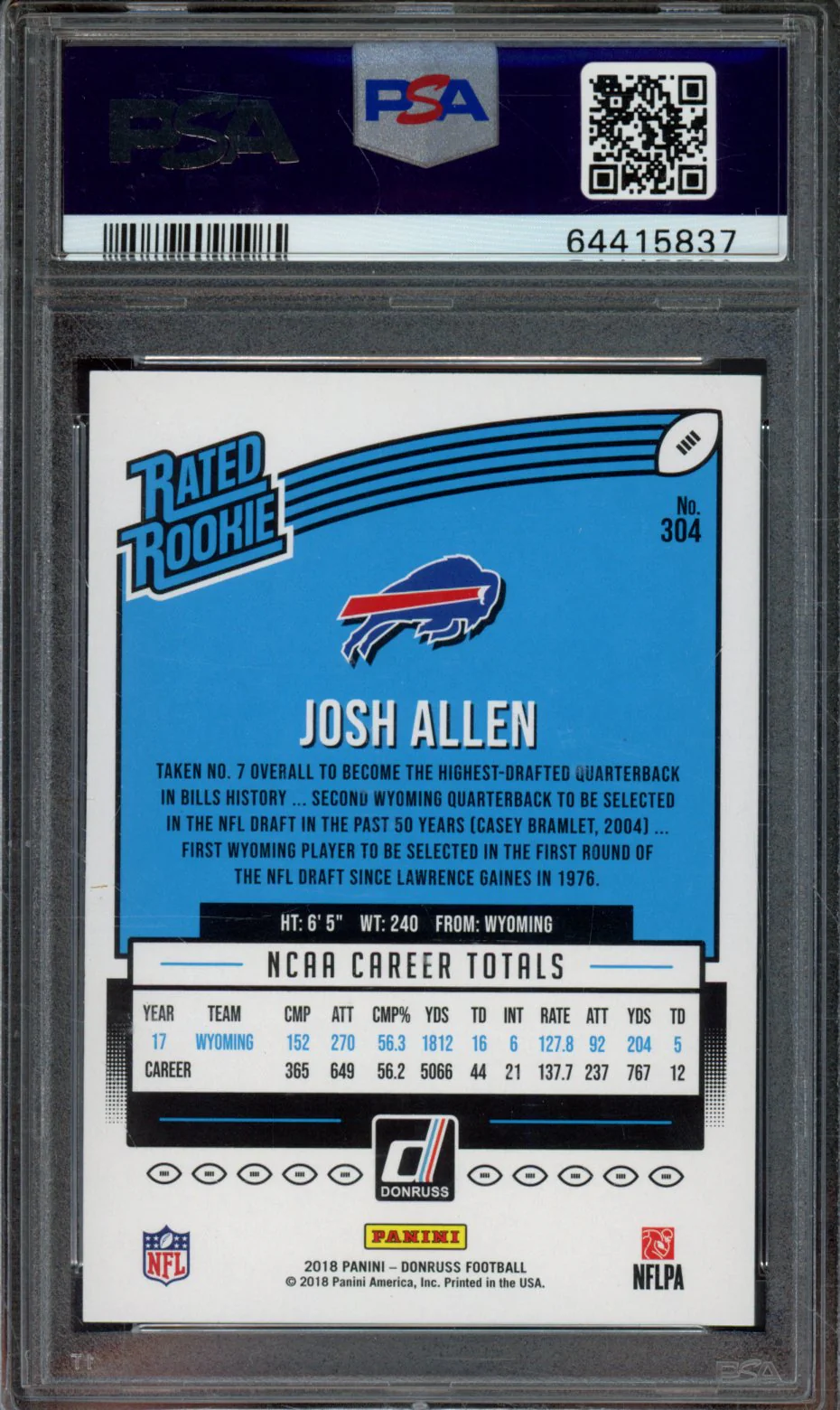 JOSH ALLEN | 2018 PANINI DONRUSS 304 | PSA MINT 9 - Image 2