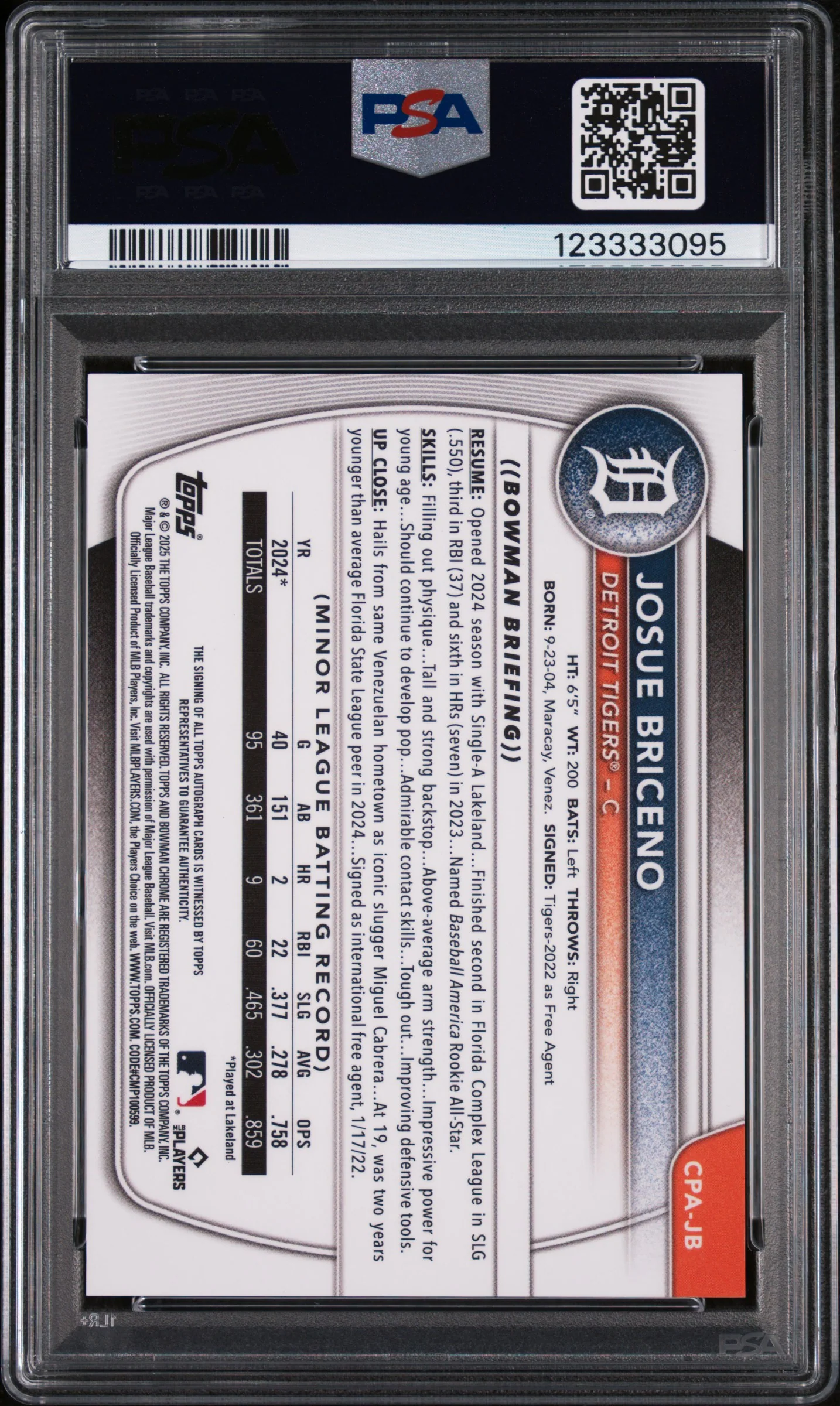 JOSUE BRICENO | 2025 BOWMAN CHROME PROSPECT AUTOGRAPHS CPAJB | CHR PROSPECT AU-GREEN REF | PSA MINT 9 - Image 2