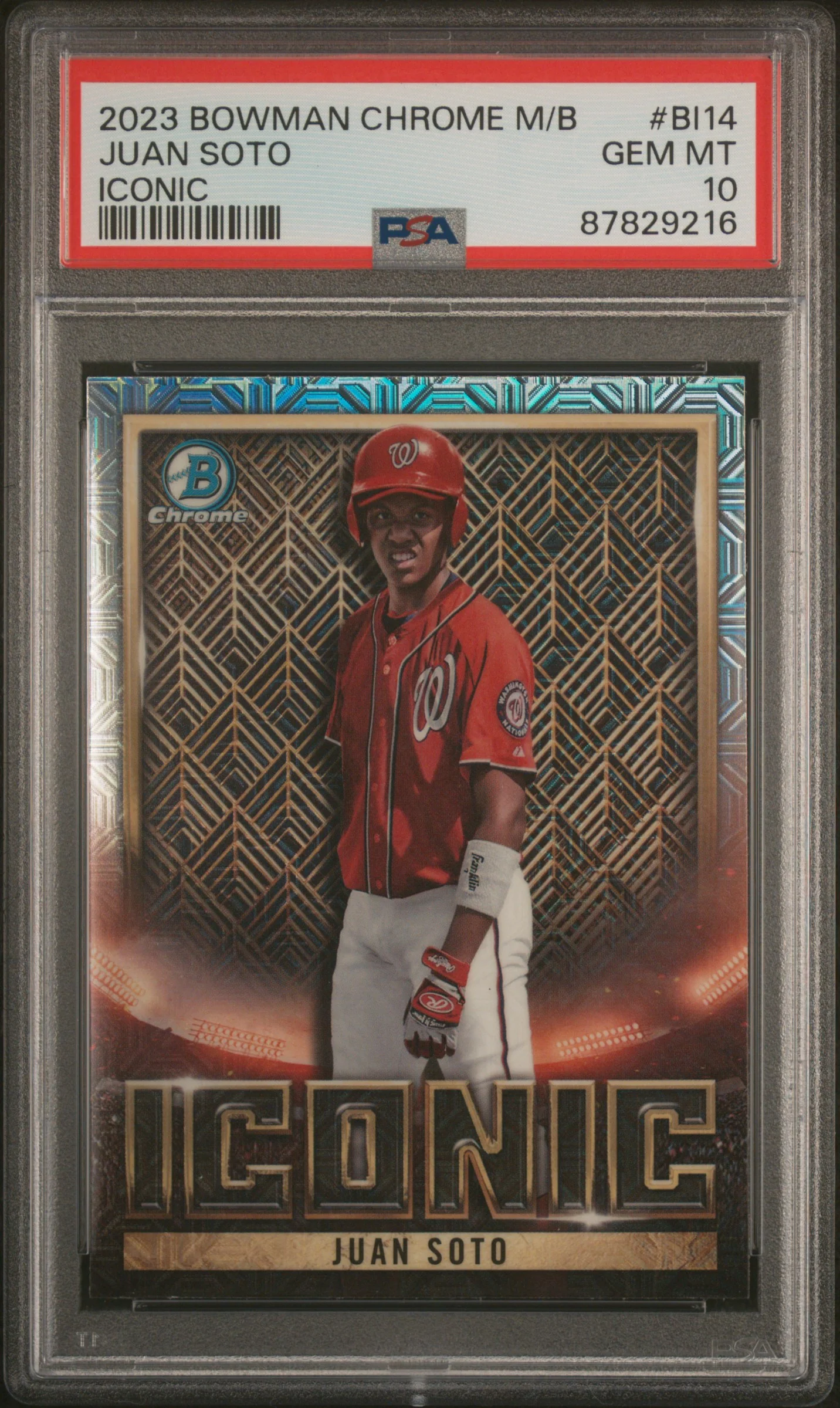 JUAN SOTO | 2023 BOWMAN CHROME MEGA BOX BOWMAN ICONIC BI14 | PSA GEM MT 10