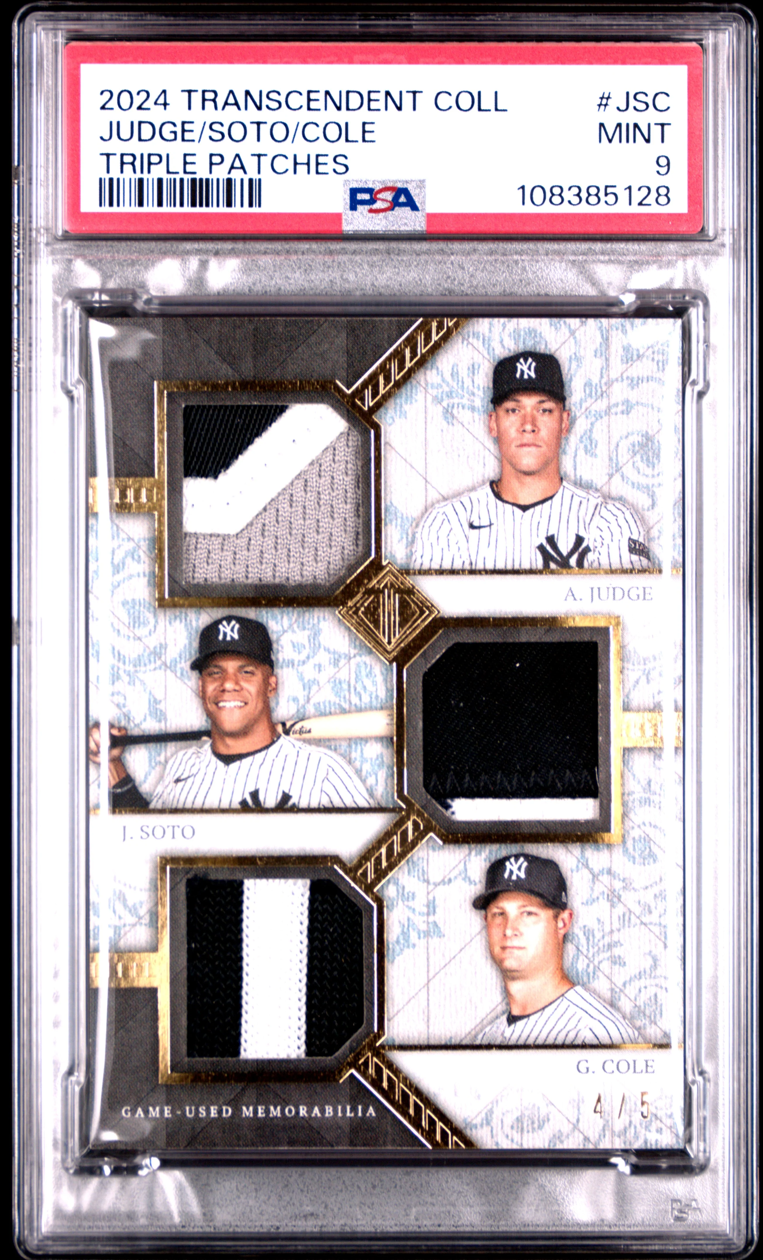 JUDGE/SOTO/COLE | 2024 TOPPS TRANSCENDENT COLLECTION TRANSCENDENT COLLECTION TRIPLE PATCHES JSC | PSA MINT 9