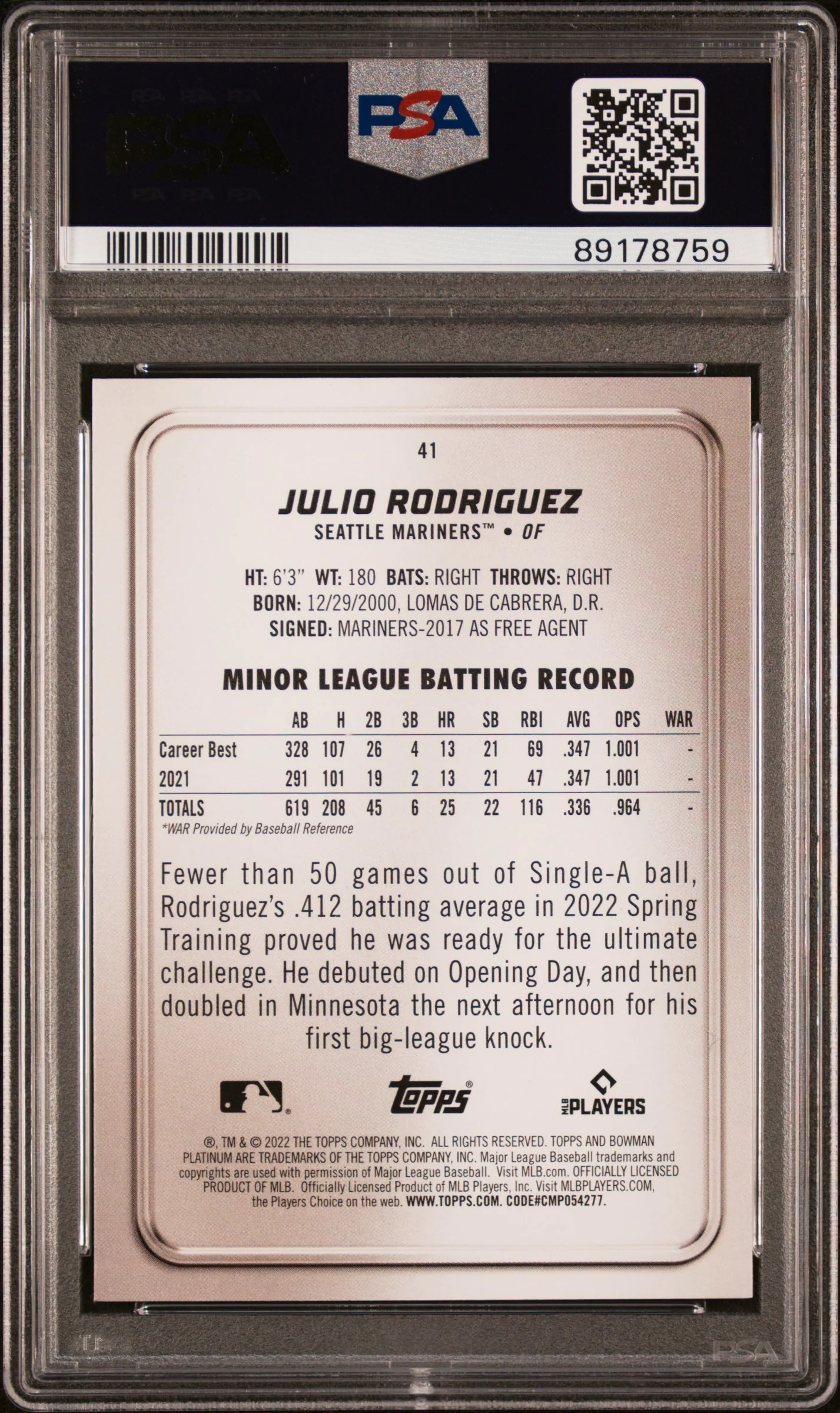 JULIO RODRIGUEZ | 2022 BOWMAN PLATINUM 41 | PSA GEM MT 10 - Image 2