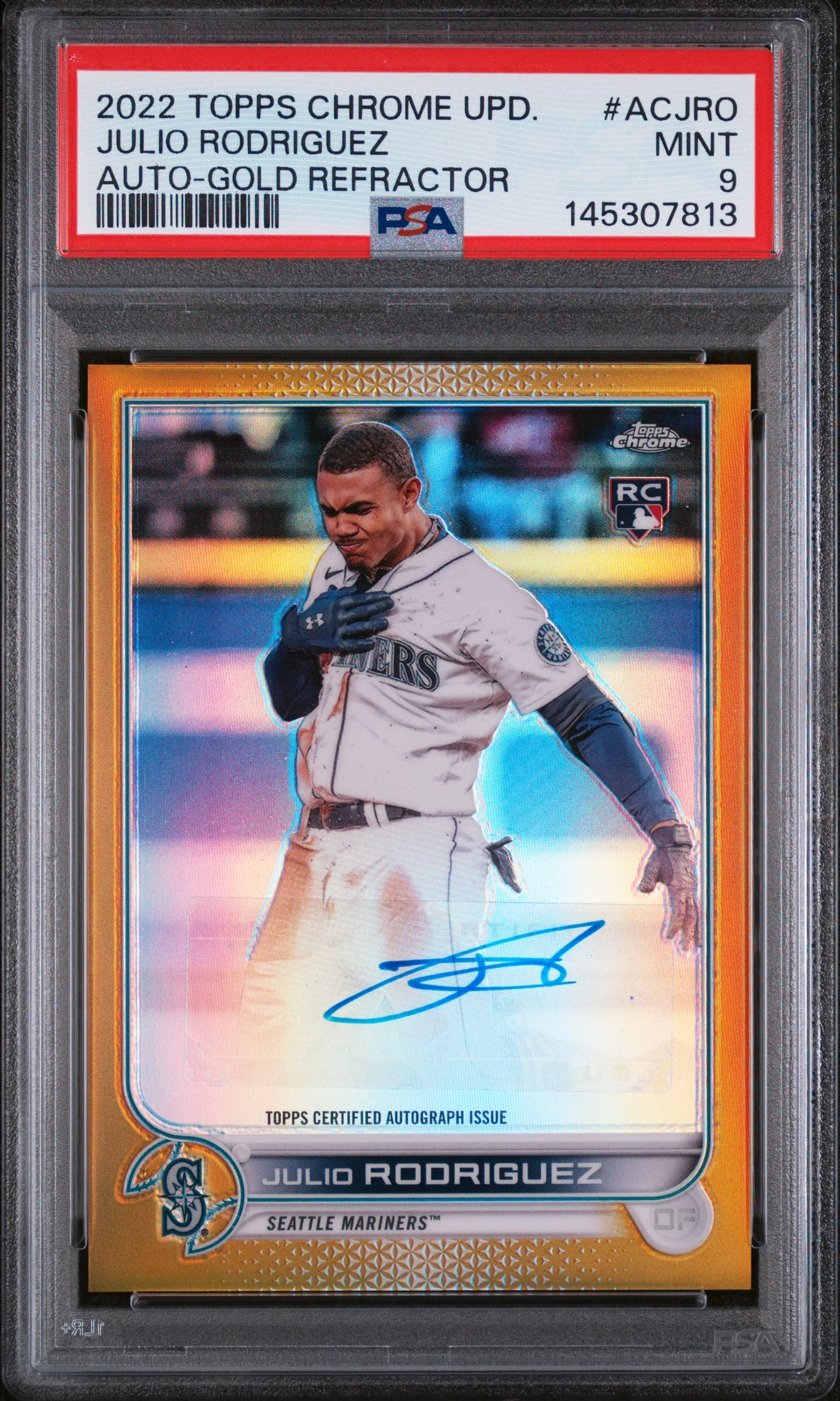 JULIO RODRIGUEZ | 2022 TOPPS CHROME UPDATE AUTOGRAPHS ACJRO | AUTO-GOLD REFRACTOR | PSA MINT 9