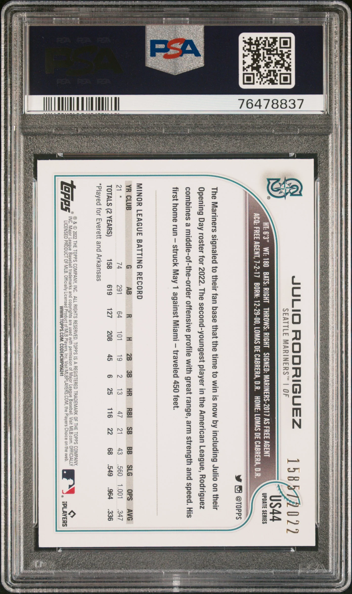 JULIO RODRIGUEZ | 2022 TOPPS UPDATE US44 | GOLD | PSA MINT 9 - Image 2