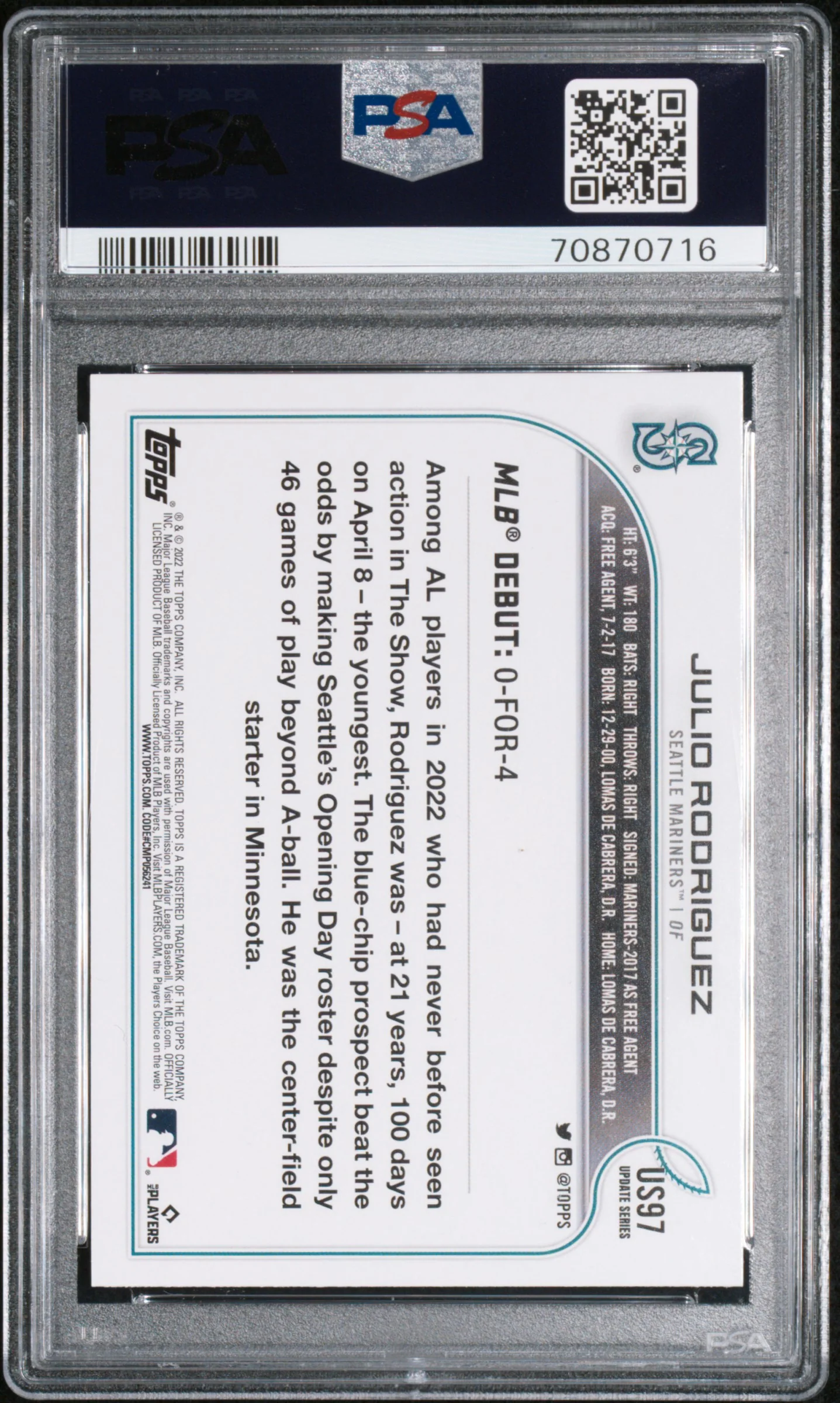 JULIO RODRIGUEZ | 2022 TOPPS UPDATE US97 | PSA GEM MT 10 - Image 2