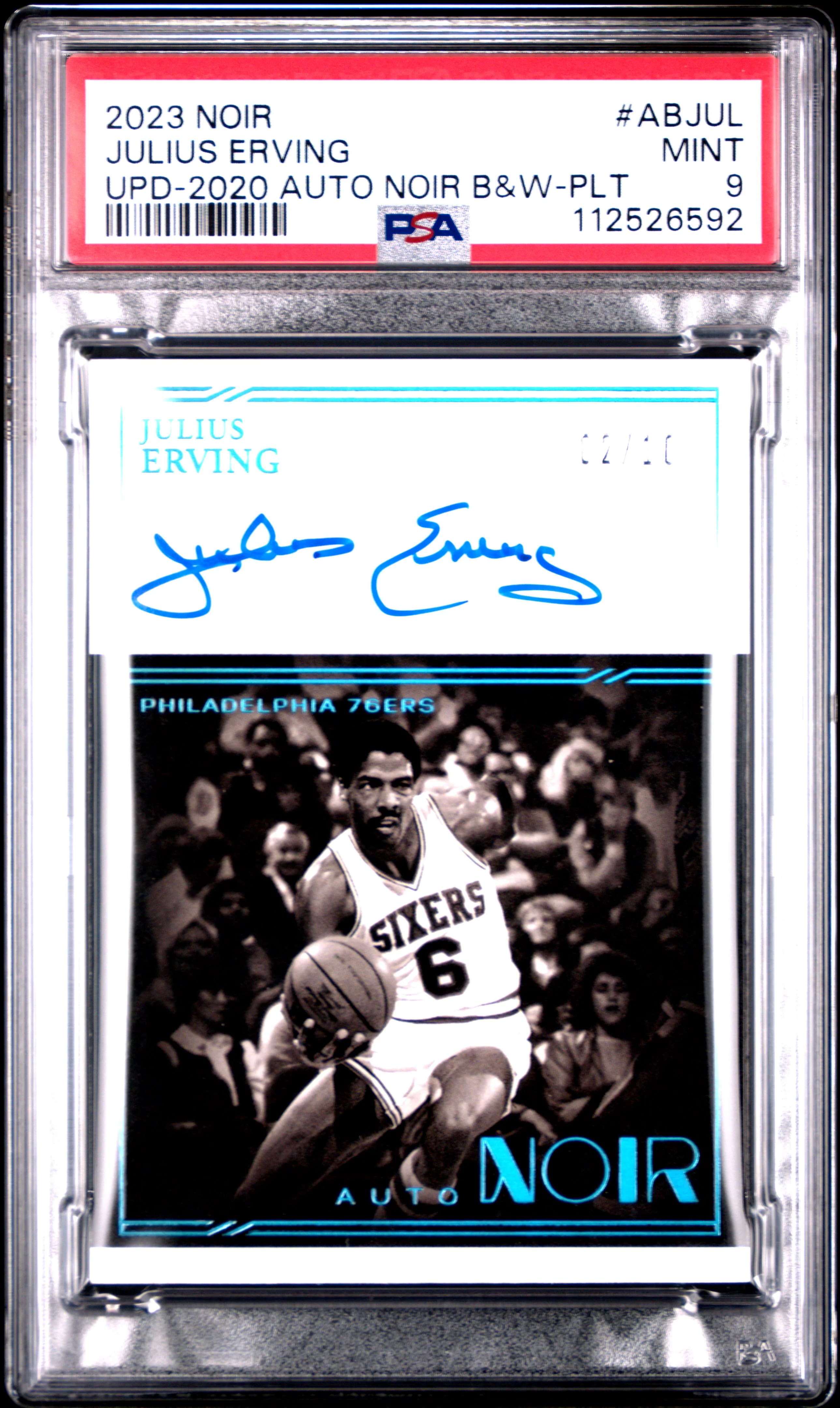 JULIUS ERVING | 2023 PANINI NOIR UPDATE ABJUL | UPD-2020 AUTO NOIR B&W-PLT | PSA MINT 9