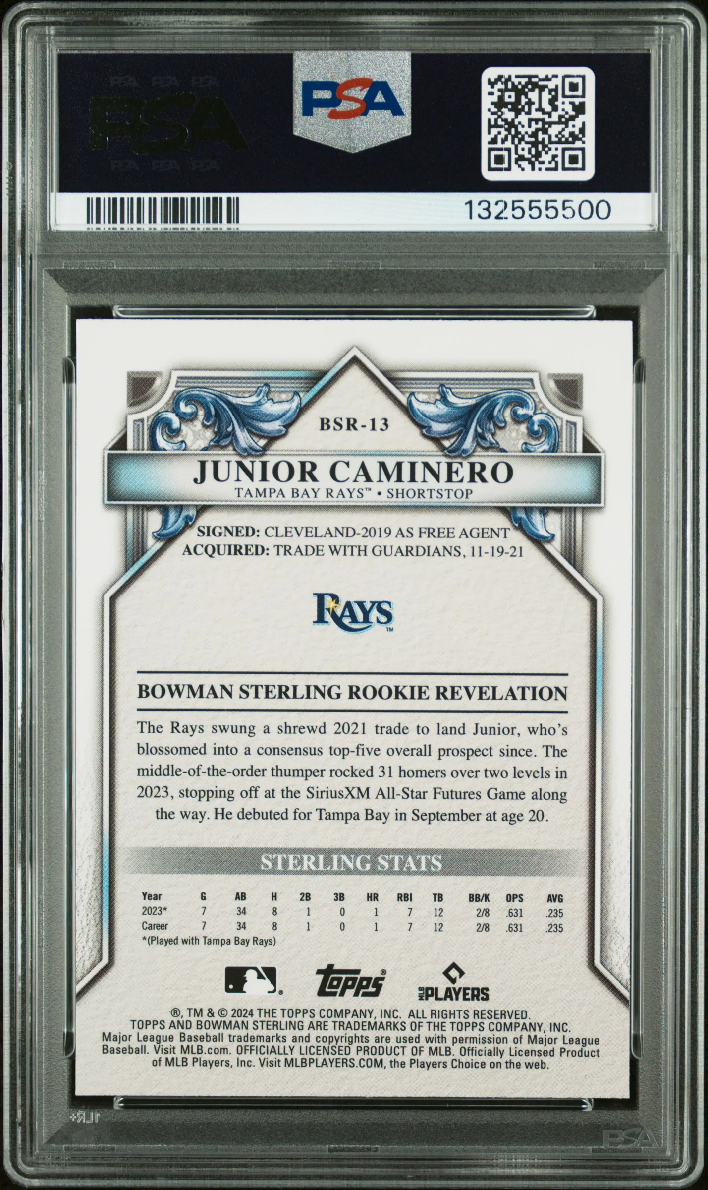 JUNIOR CAMINERO | 2024 BOWMAN STERLING ROOKIES BSR13 | ROOKIES-SPECKLE REFRACTOR | PSA MINT 9 - Image 2