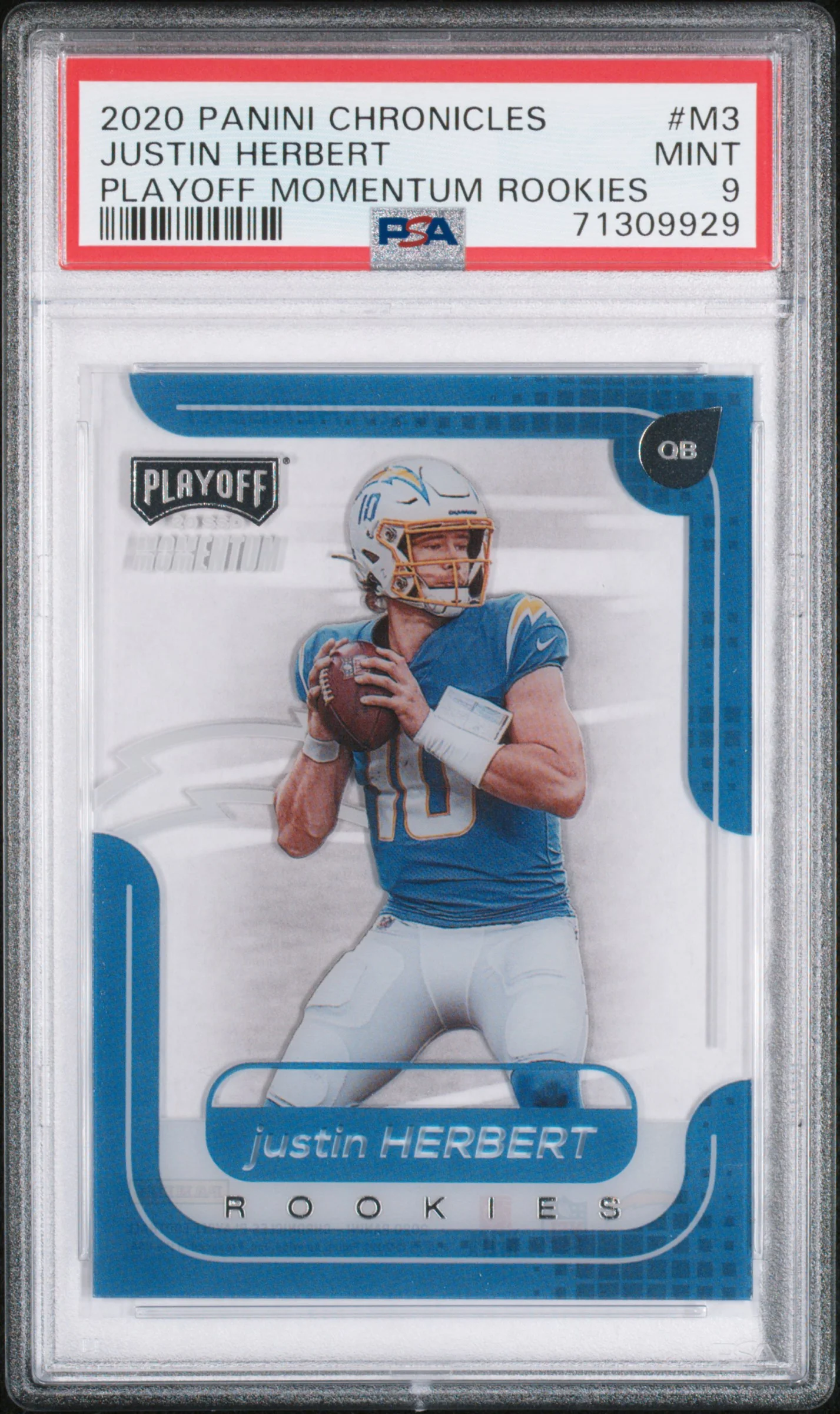 JUSTIN HERBERT | 2020 PANINI CHRONICLES PLAYOFF MOMENTUM ROOKIES M3 | PLAYOFF MOMENTUM ROOKIES | PSA MINT 9