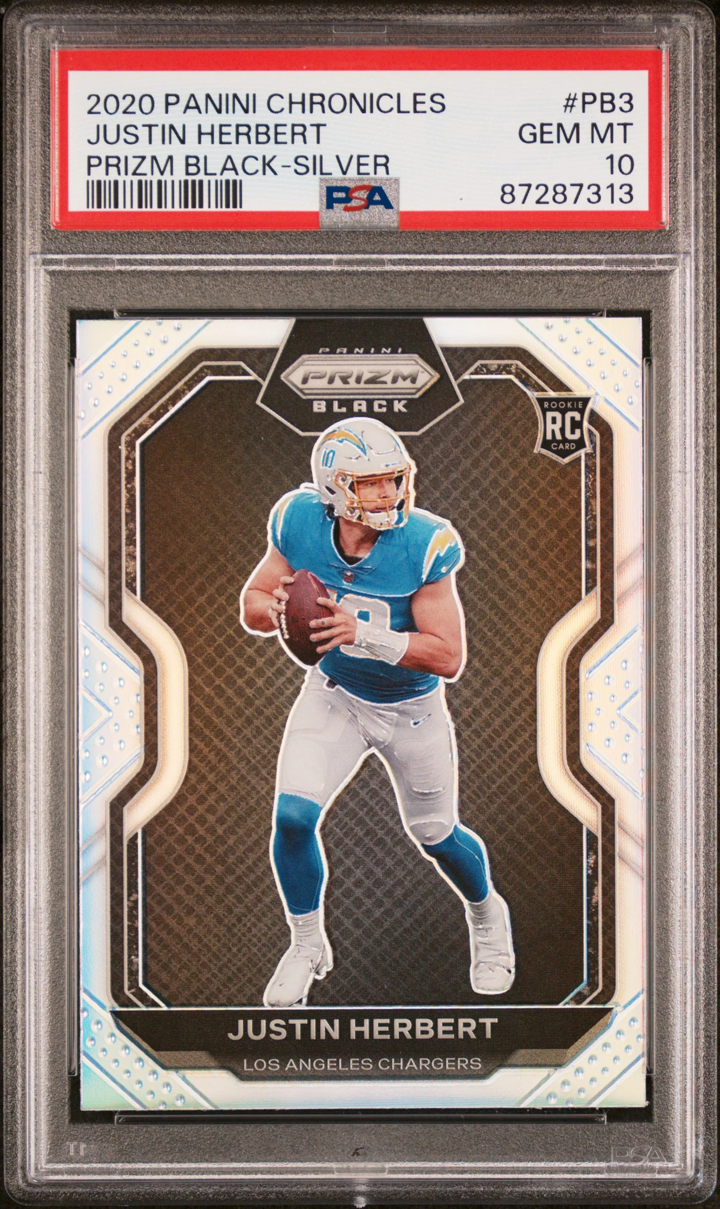 JUSTIN HERBERT | 2020 PANINI CHRONICLES PRIZM BLACK PB3 | PRIZM BLACK-SILVER | PSA GEM MT 10