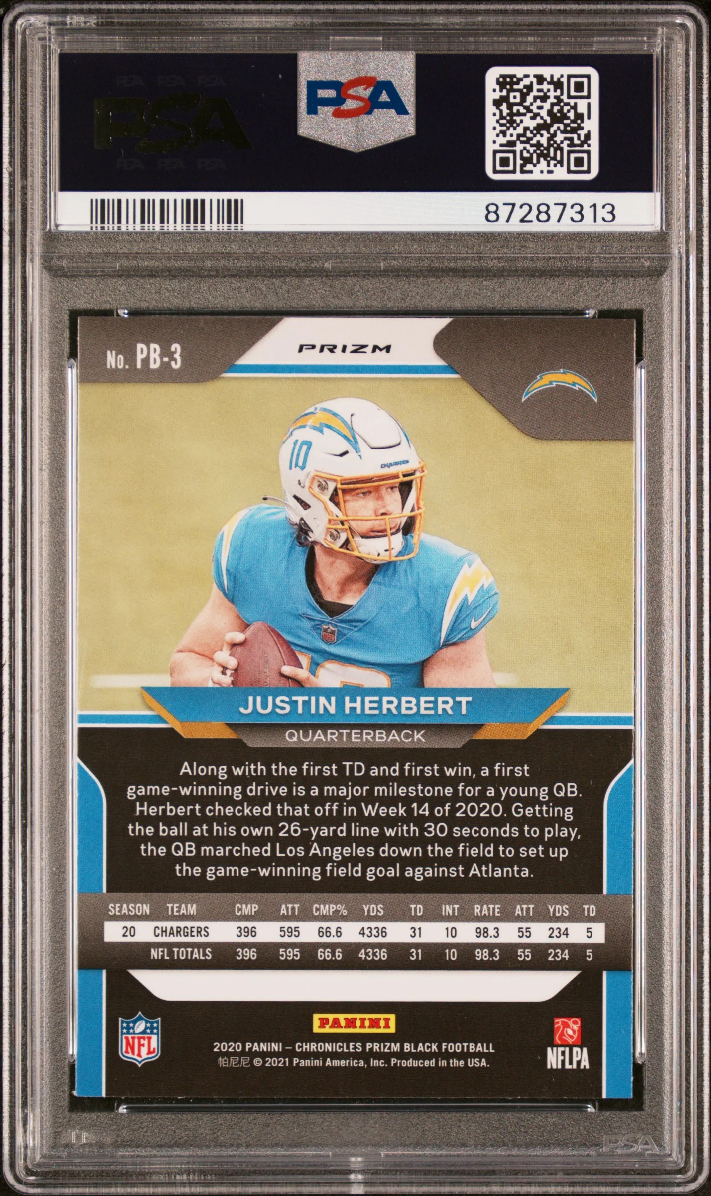 JUSTIN HERBERT | 2020 PANINI CHRONICLES PRIZM BLACK PB3 | PRIZM BLACK-SILVER | PSA GEM MT 10 - Image 2