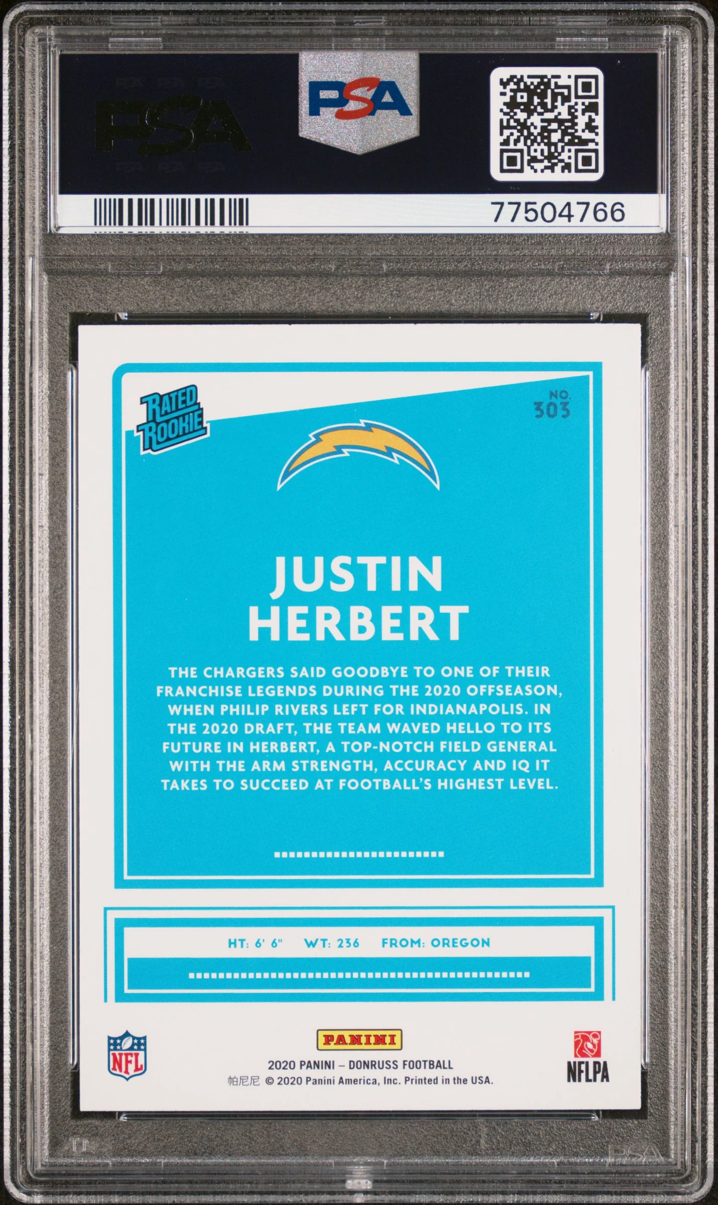 JUSTIN HERBERT | 2020 PANINI DONRUSS 303 | PSA GEM MT 10 - Image 2