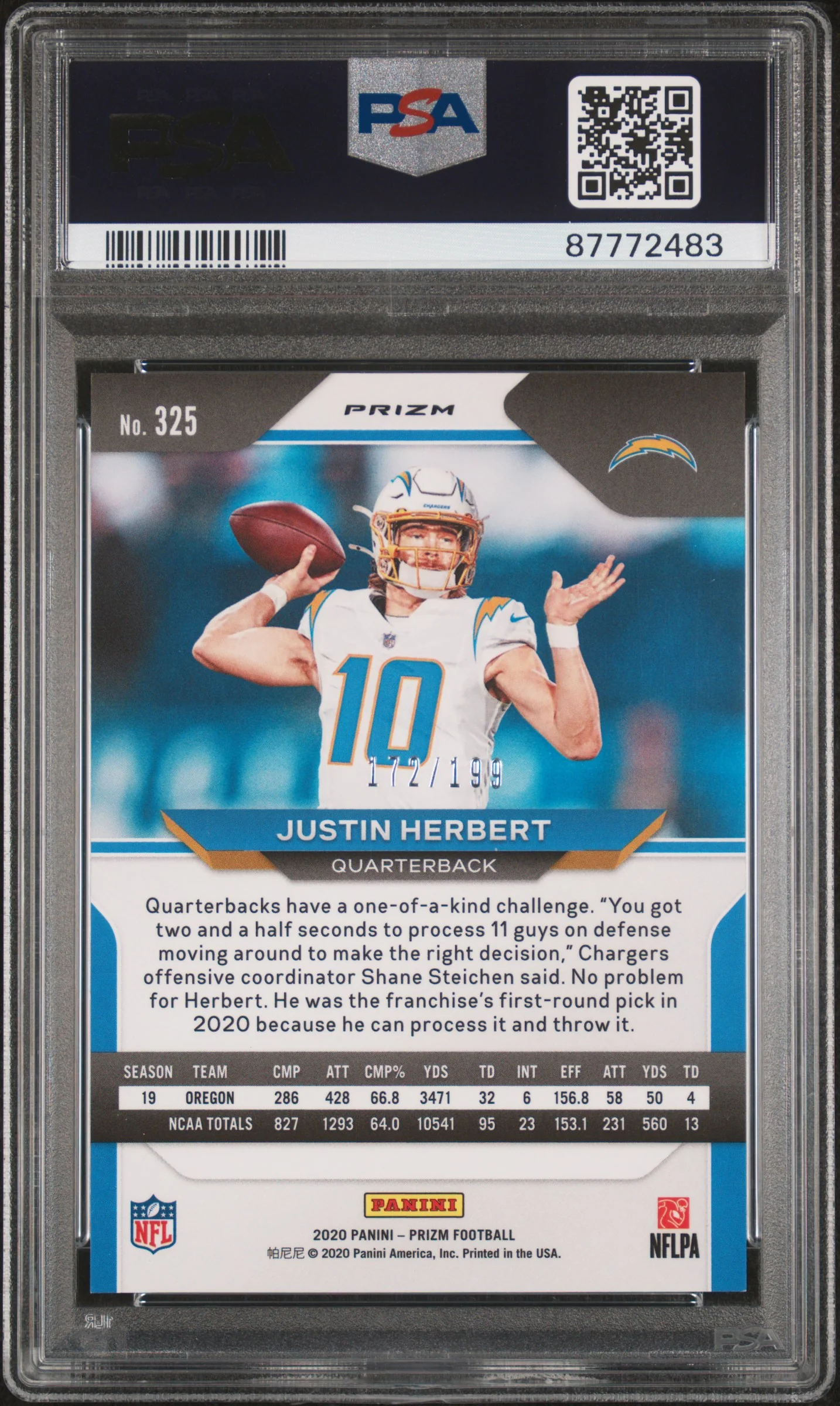 JUSTIN HERBERT | 2020 PANINI PRIZM 325 | BLUE WAVE | PSA NM-MT 8 - Image 2