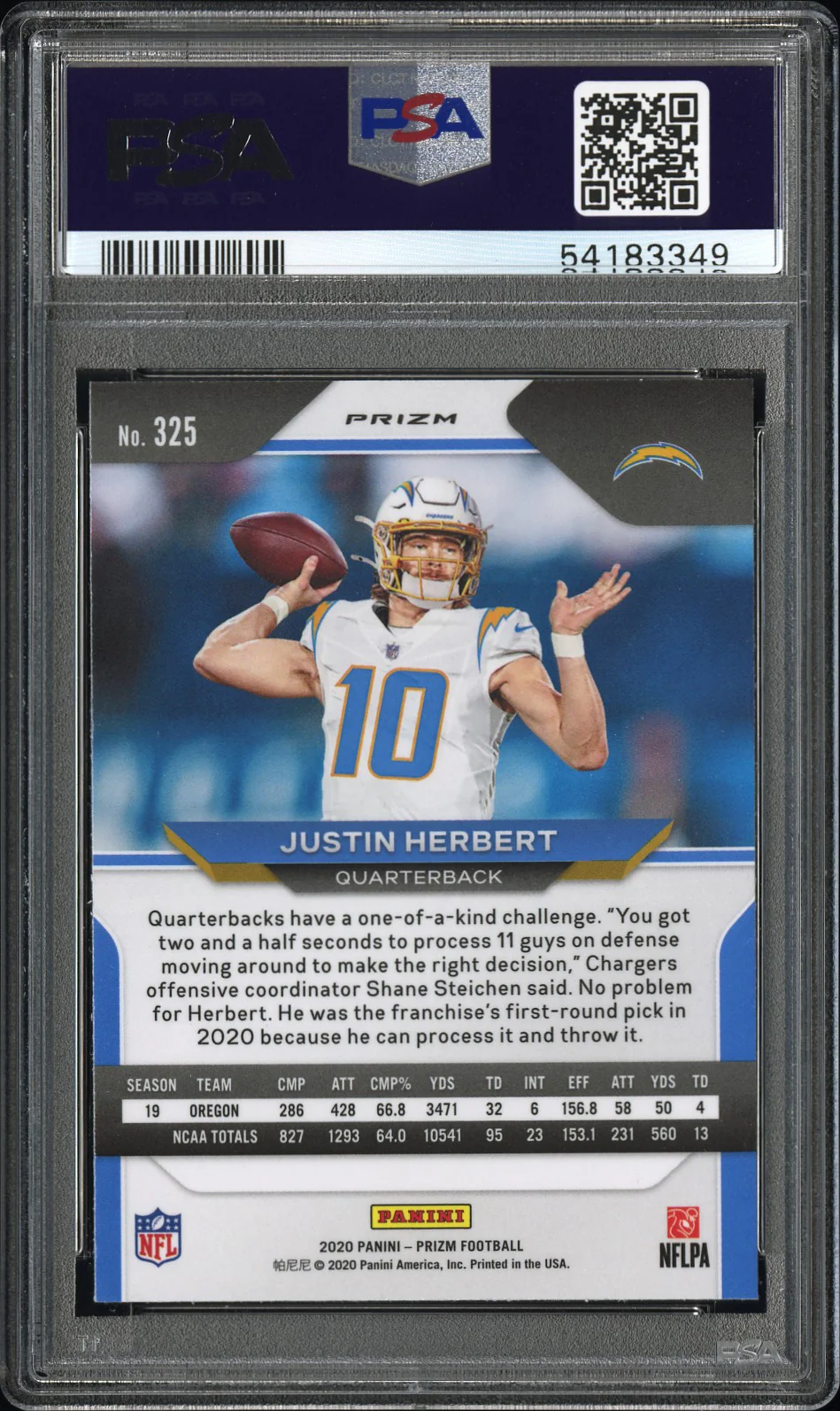JUSTIN HERBERT | 2020 PANINI PRIZM 325 | LAZER PRIZM | PSA GEM MT 10 - Image 2