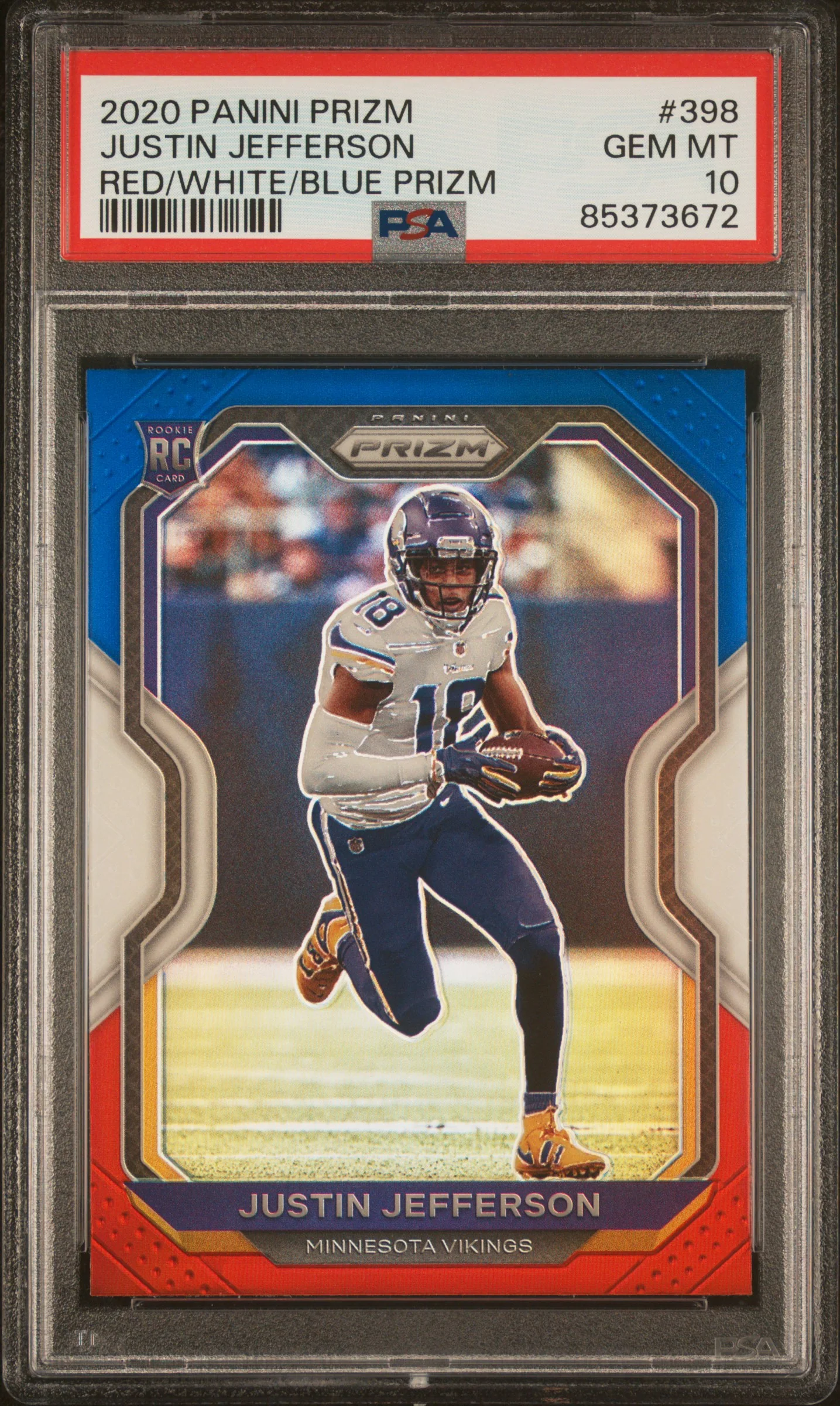 JUSTIN JEFFERSON | 2020 PANINI PRIZM 398 | RED/WHITE/BLUE PRIZM | PSA GEM MT 10