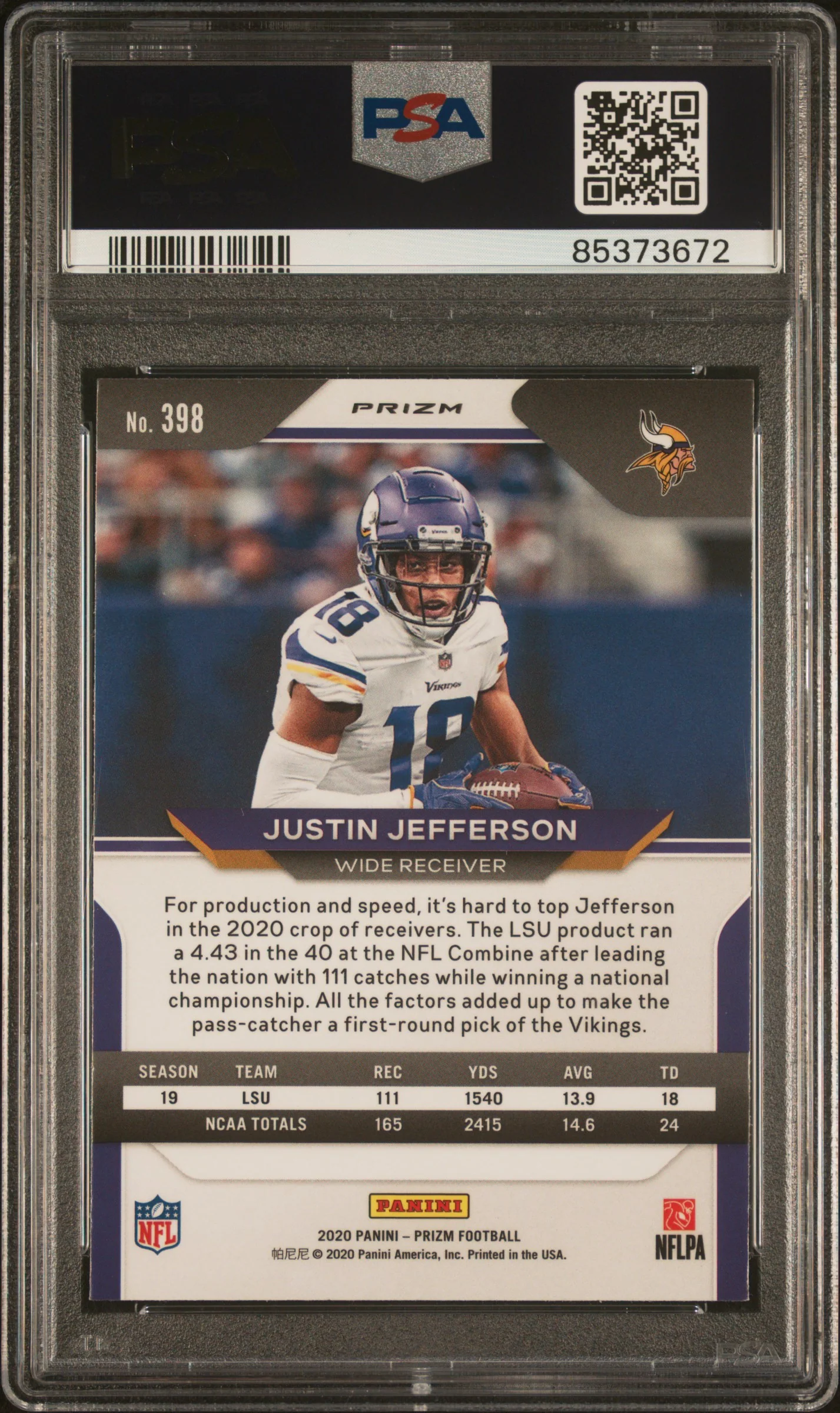 JUSTIN JEFFERSON | 2020 PANINI PRIZM 398 | RED/WHITE/BLUE PRIZM | PSA GEM MT 10 - Image 2