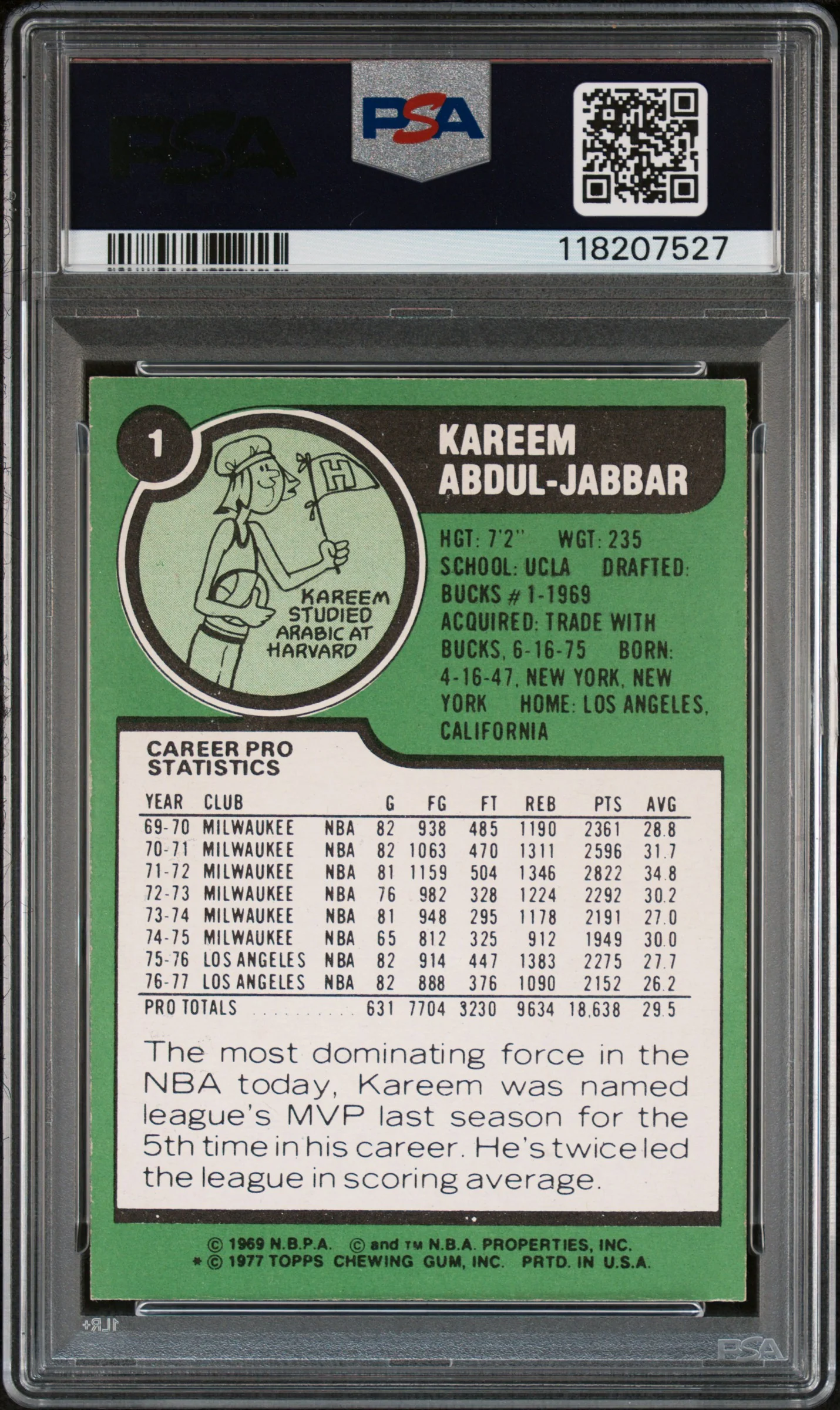 KAREEM ABDUL-JABBAR | 1977 TOPPS 1 | PSA NM-MT 8 - Image 2