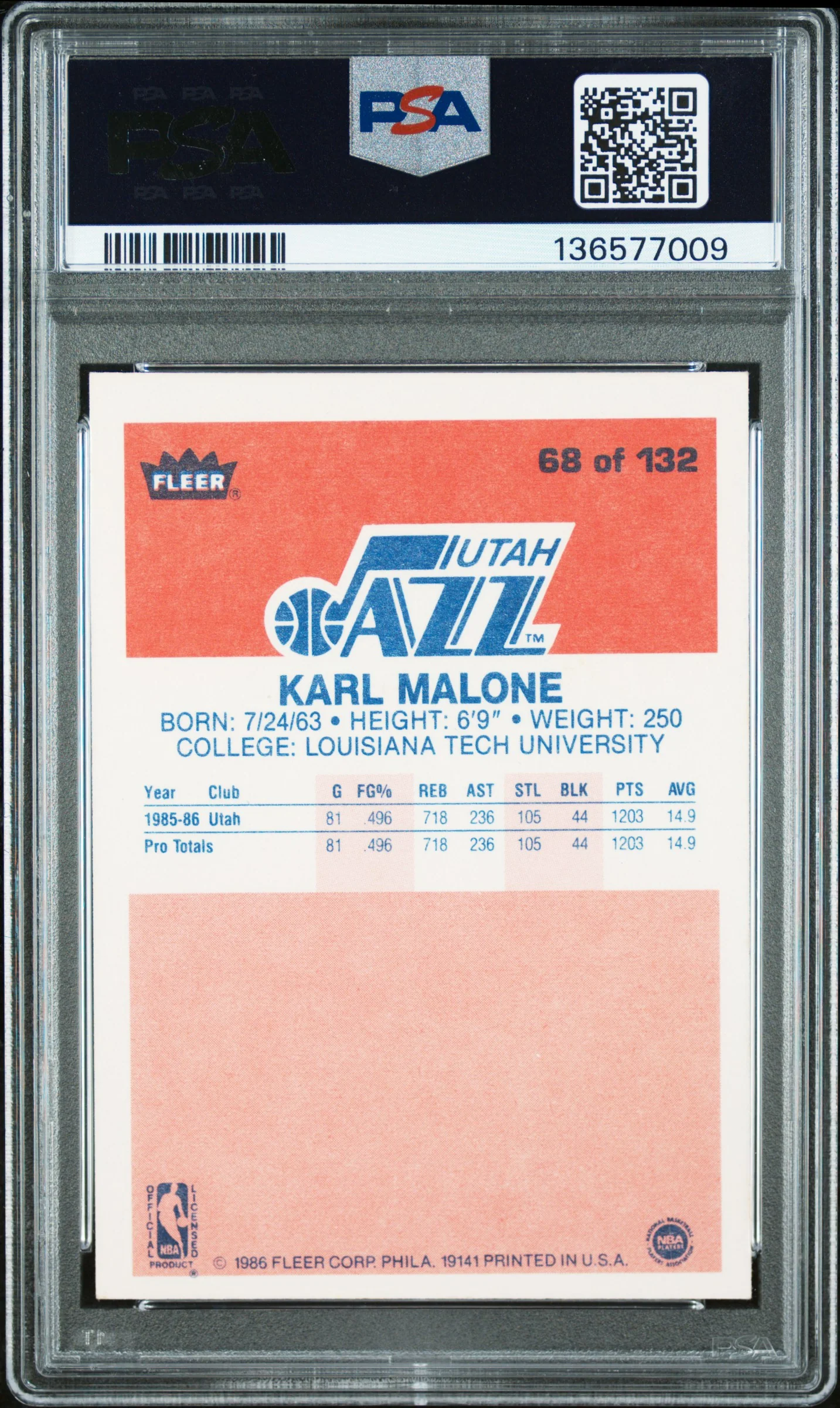 KARL MALONE | 1986 FLEER 68 | PSA EX 5 - Image 2