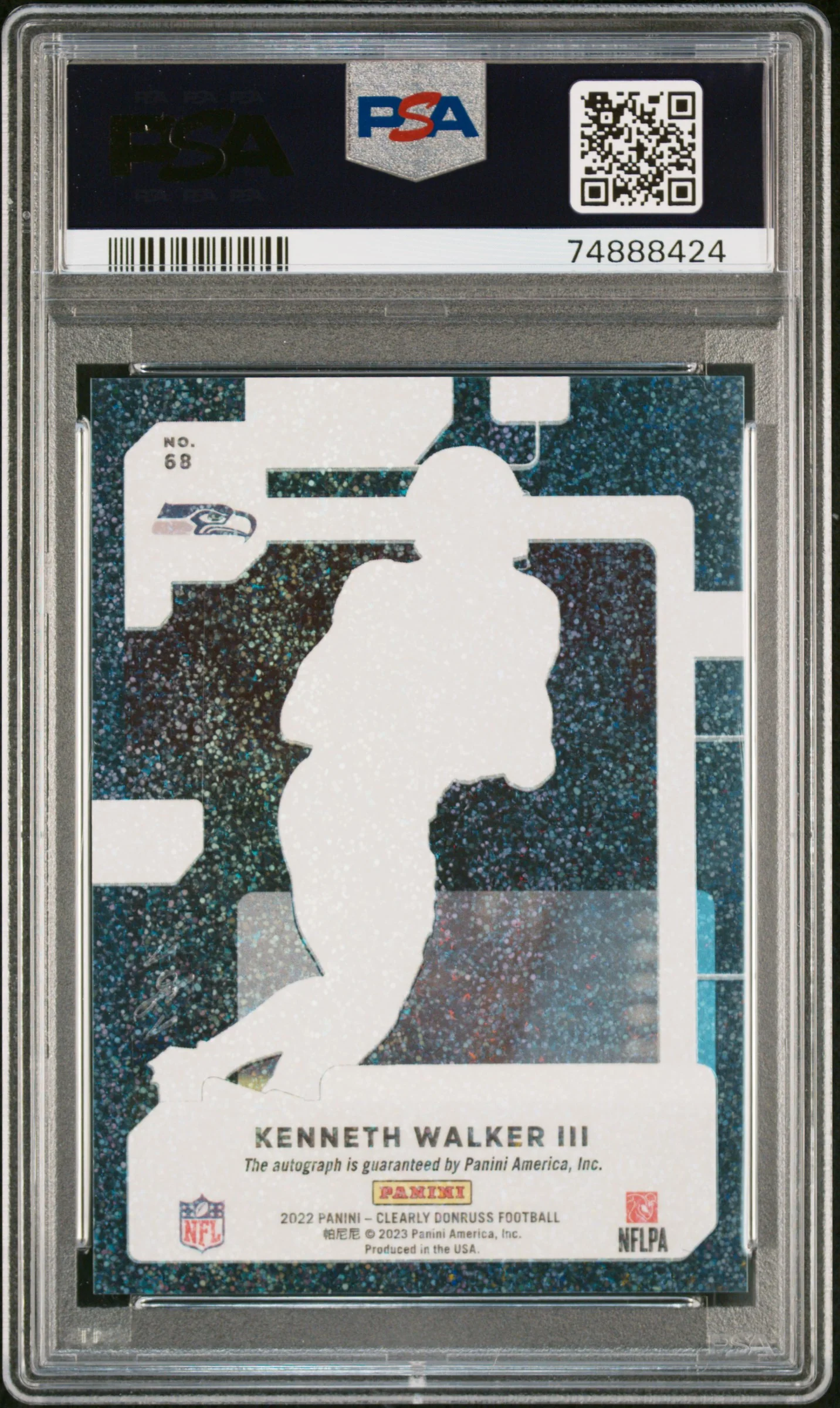 KENNETH WALKER III | 2022 PANINI CLEARLY DONRUSS 68 | AUTOGRAPH-HOLO PLATINUM 1/1 | PSA MINT 9 - Image 2