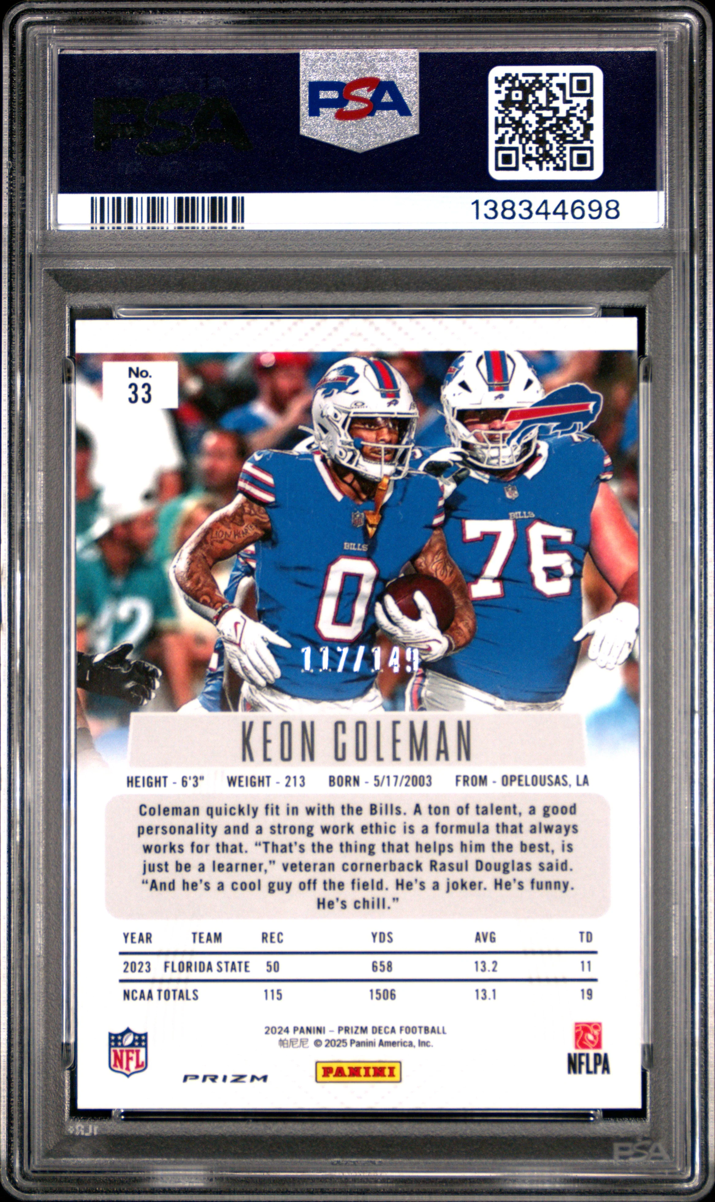 KEON COLEMAN | 2024 PANINI PRIZM DECA 33 | BLUE PRIZM | PSA MINT 9 - Image 2