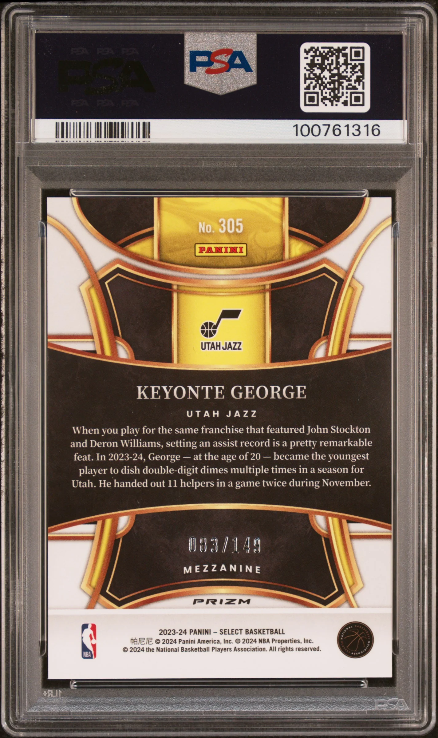 KEYONTE GEORGE | 2023 PANINI SELECT 305 | WHITE PRIZM | PSA GEM MT 10 - Image 2