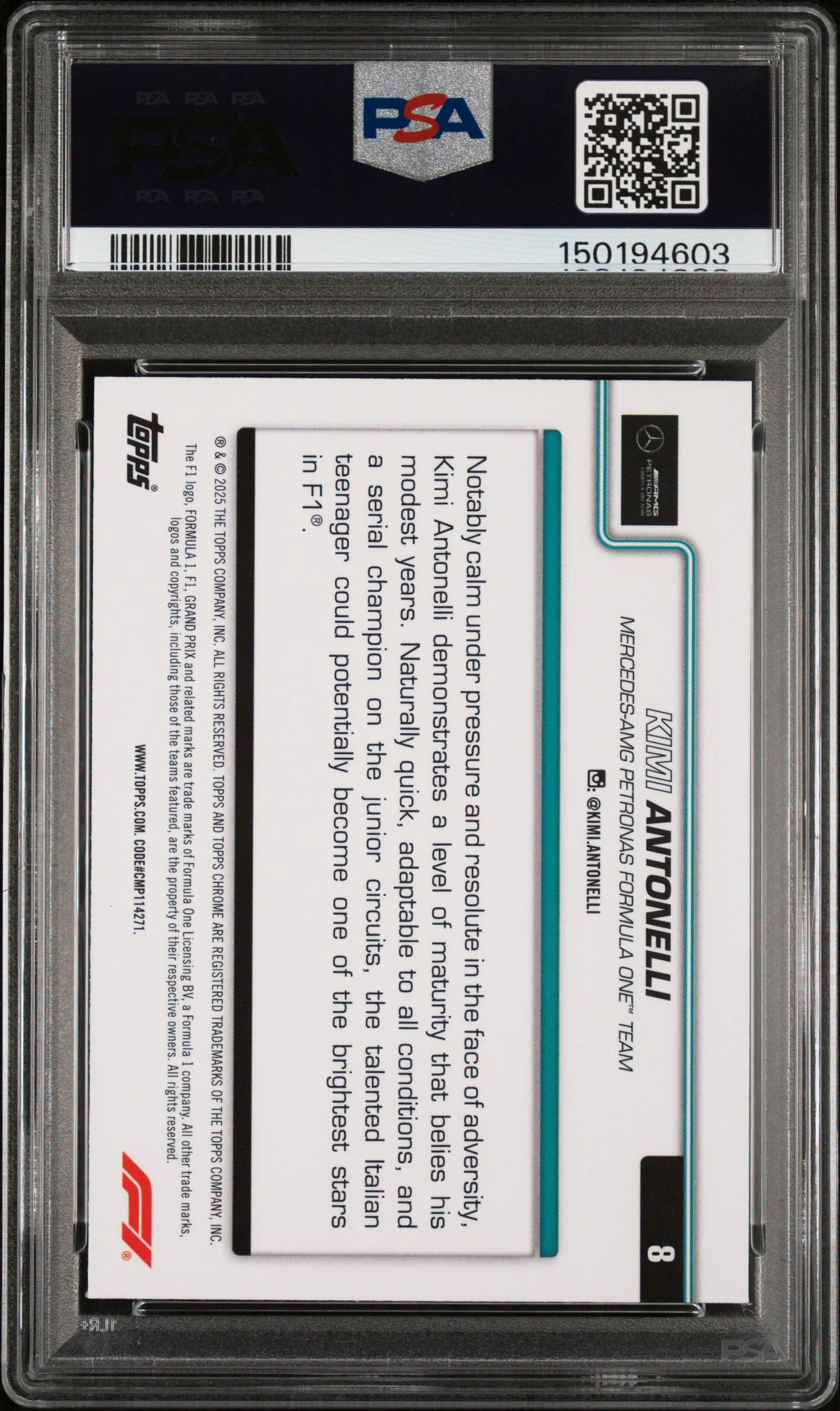 KIMI ANTONELLI | 2025 TOPPS CHROME FORMULA 1 SAPPHIRE EDITION 8 | PSA GEM MT 10 - Image 2