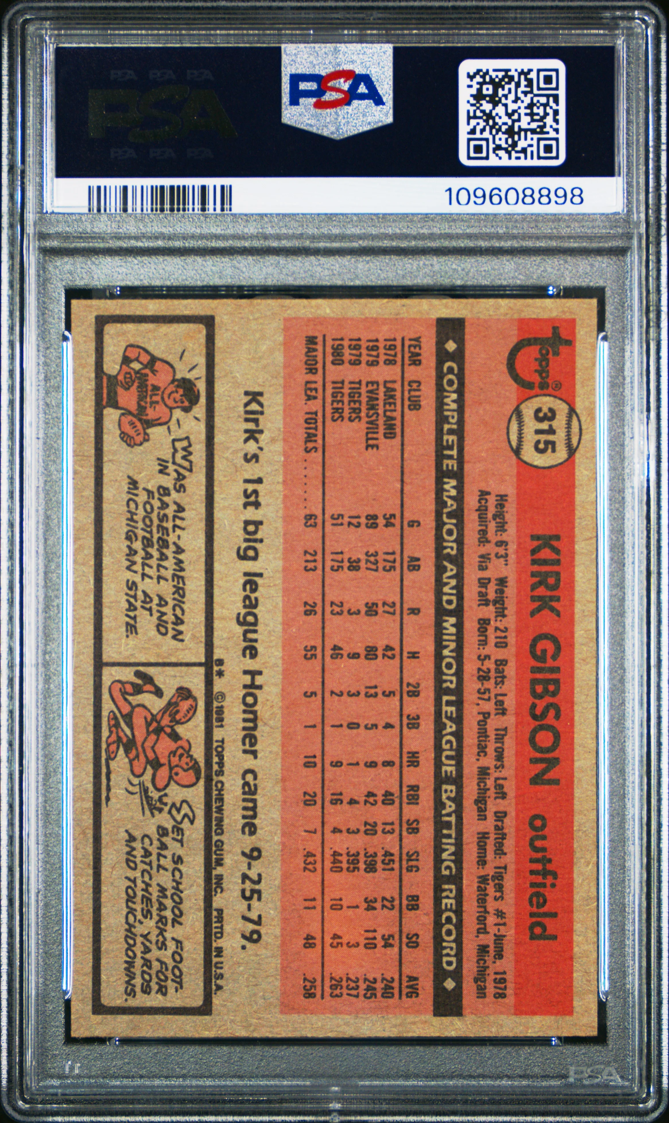 KIRK GIBSON | 1981 TOPPS 315 | PSA NM-MT 8 - Image 2