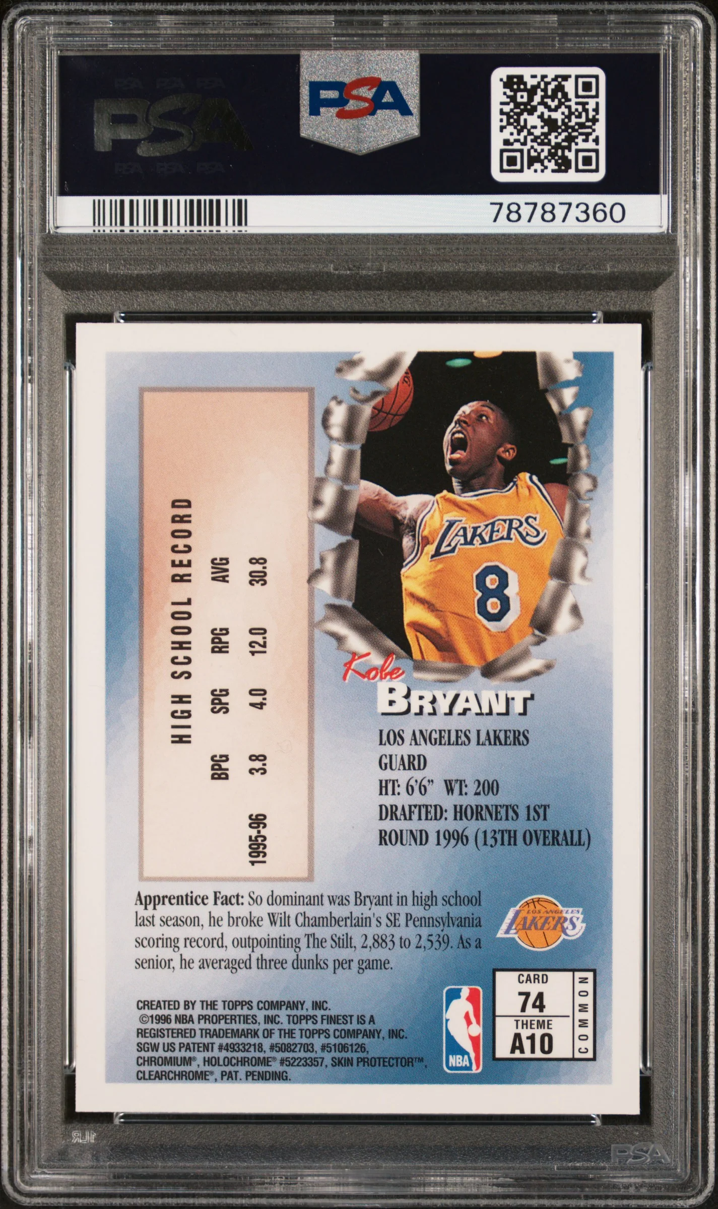 KOBE BRYANT | 1996 FINEST 74 | W/COATING | PSA MINT 9 - Image 2