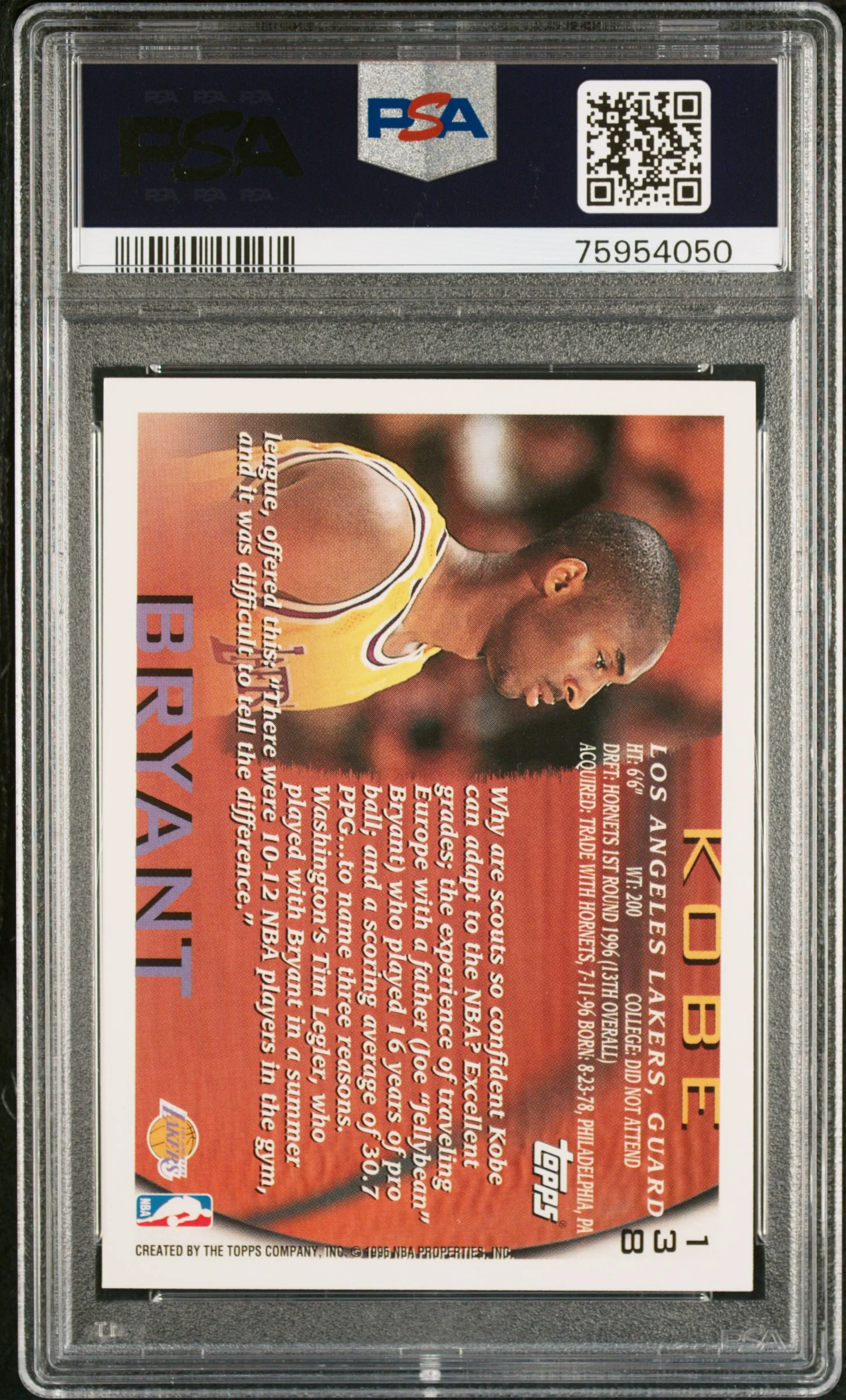 KOBE BRYANT | 1996 TOPPS 138 | PSA MINT 9 - Image 2
