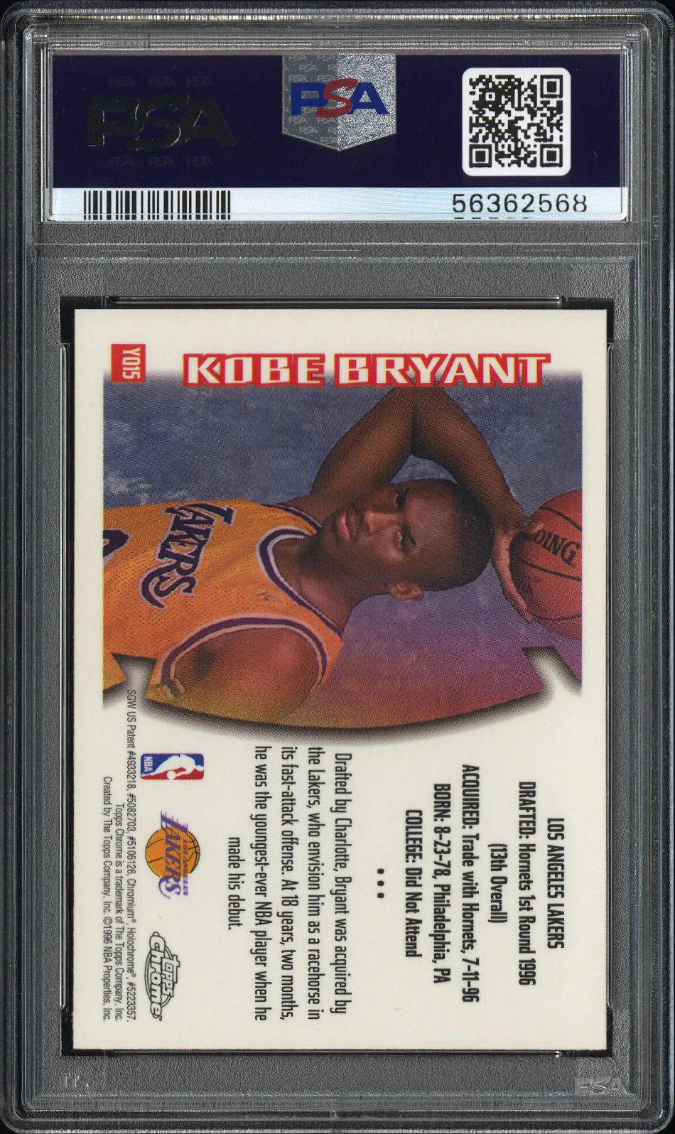 KOBE BRYANT | 1996 TOPPS CHROME YOUTHQUAKE YQ15 | YOUTHQUAKE | PSA NM-MT+ 8.5 - Image 2