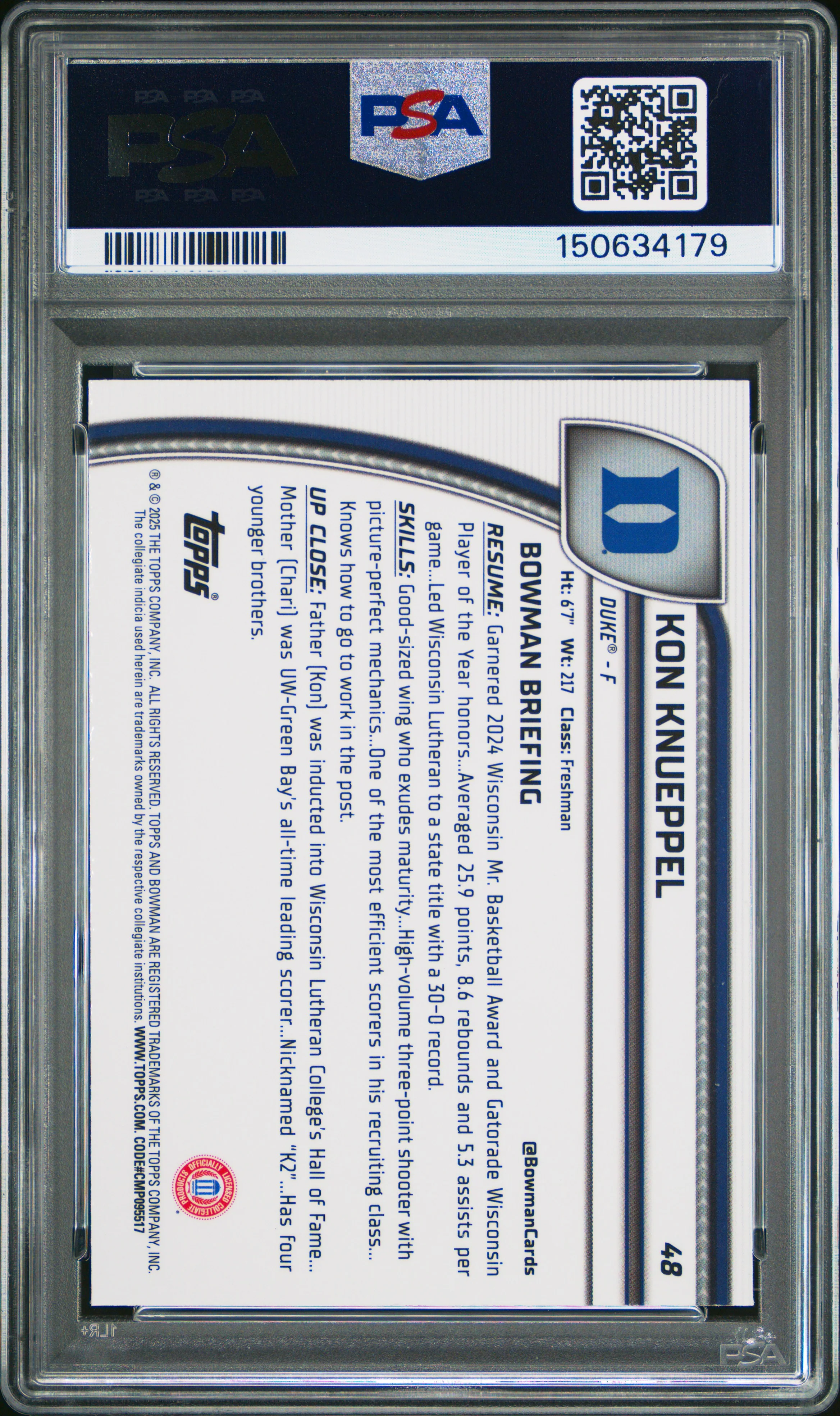 KON KNUEPPEL | 2024 BOWMAN CHROME UNIVERSITY 48 | PURPLE LAVA | PSA GEM MT 10 - Image 2