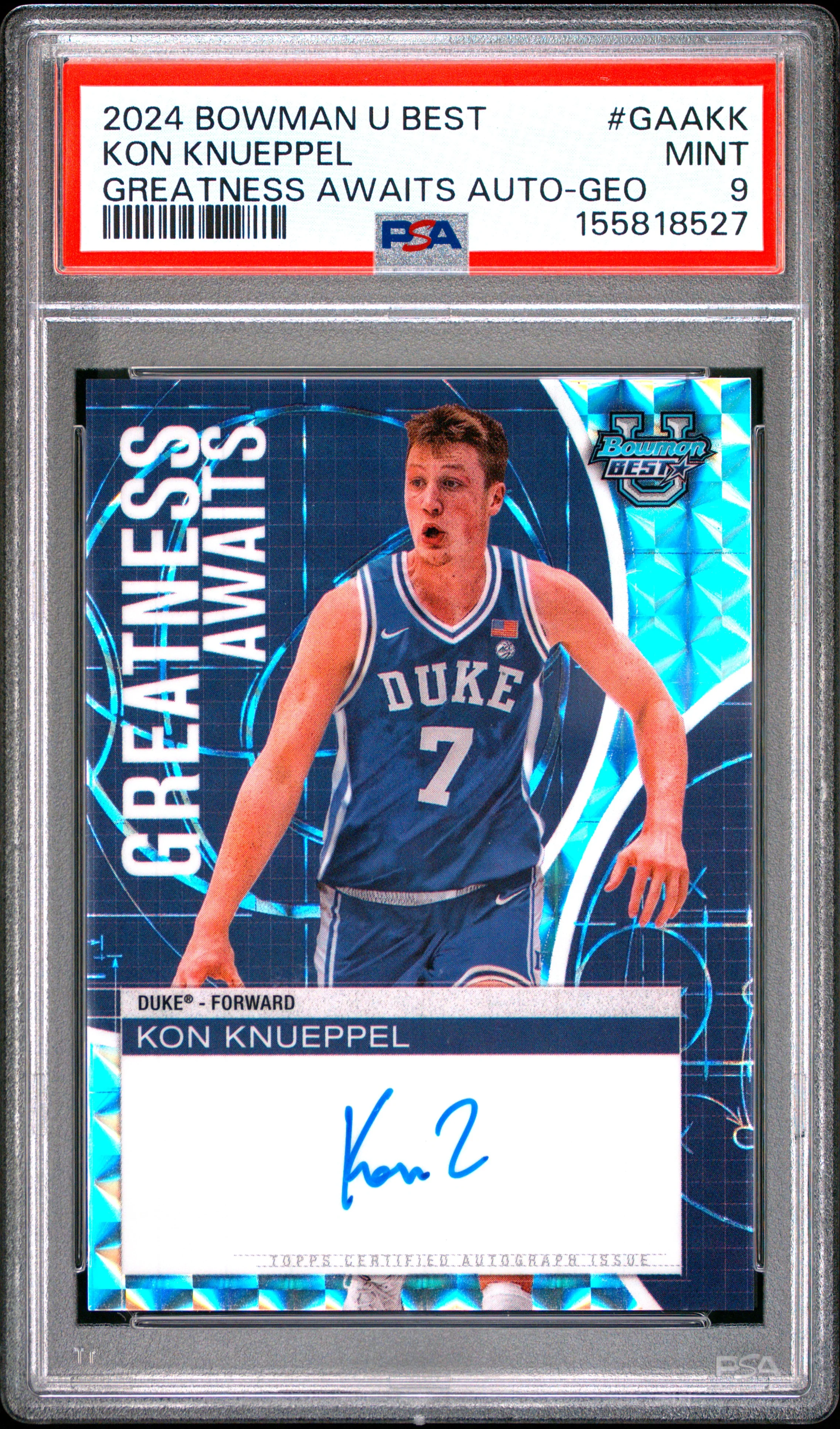 KON KNUEPPEL | 2024 BOWMAN UNIVERSITY BEST GREATNESS AWAITS AUTOGRAPHS GAAKK | GREATNESS AWAITS AUTO-GEO | PSA MINT 9