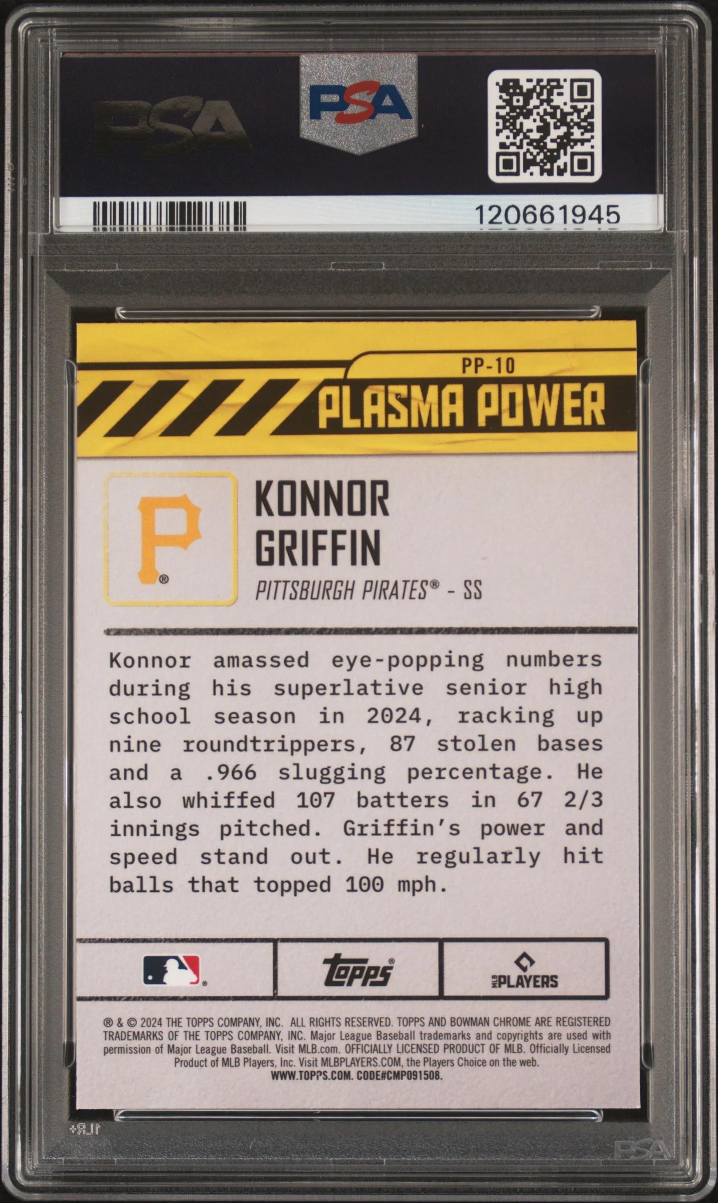 KONNOR GRIFFIN | 2024 BOWMAN DRAFT PLASMA POWER PP10 | PSA GEM MT 10 - Image 2