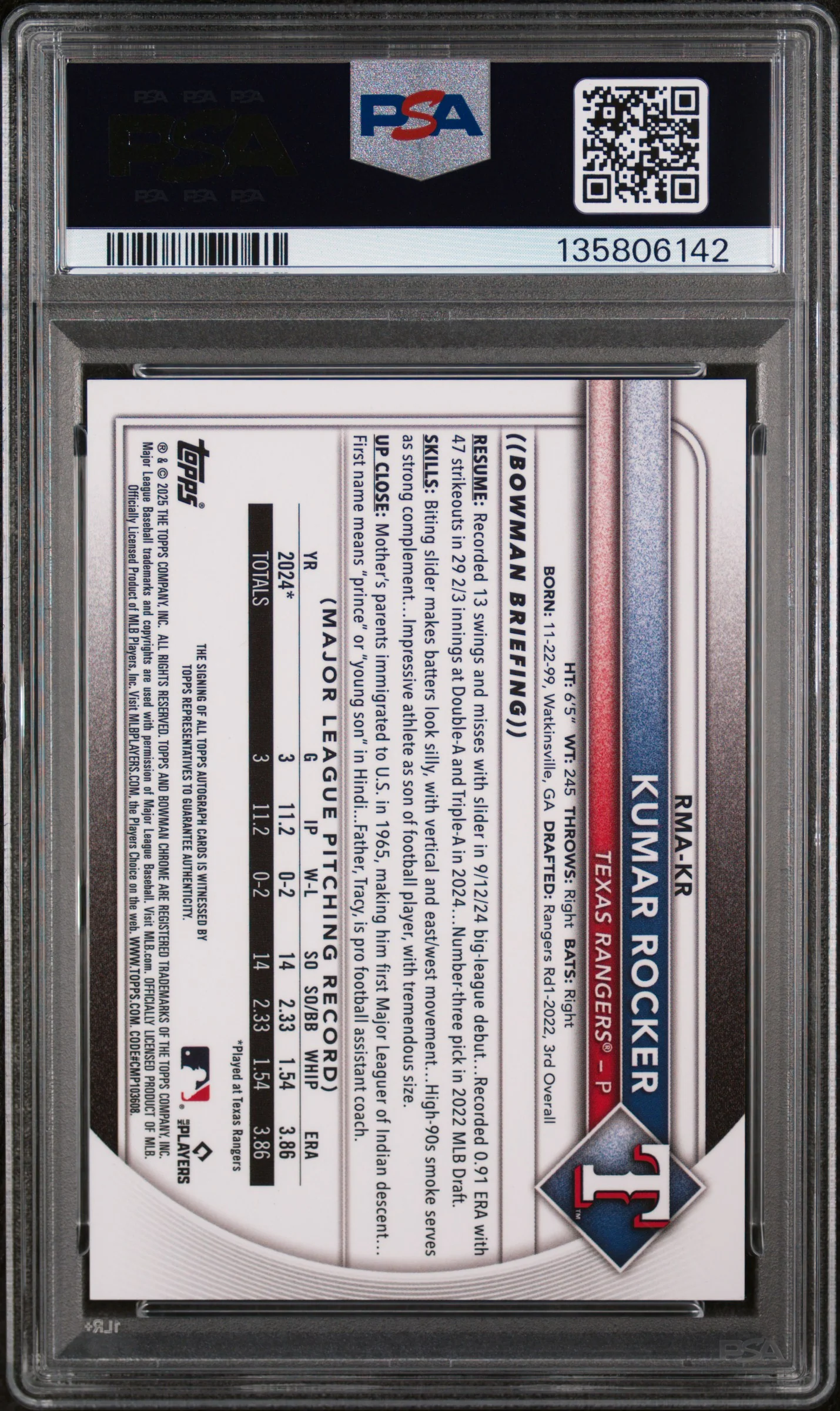 KUMAR ROCKER | 2025 BOWMAN MEGA BOX BOWMAN ROOKIES MEGA AUTOGRAPHS KR | PSA GEM MT 10 - Image 2