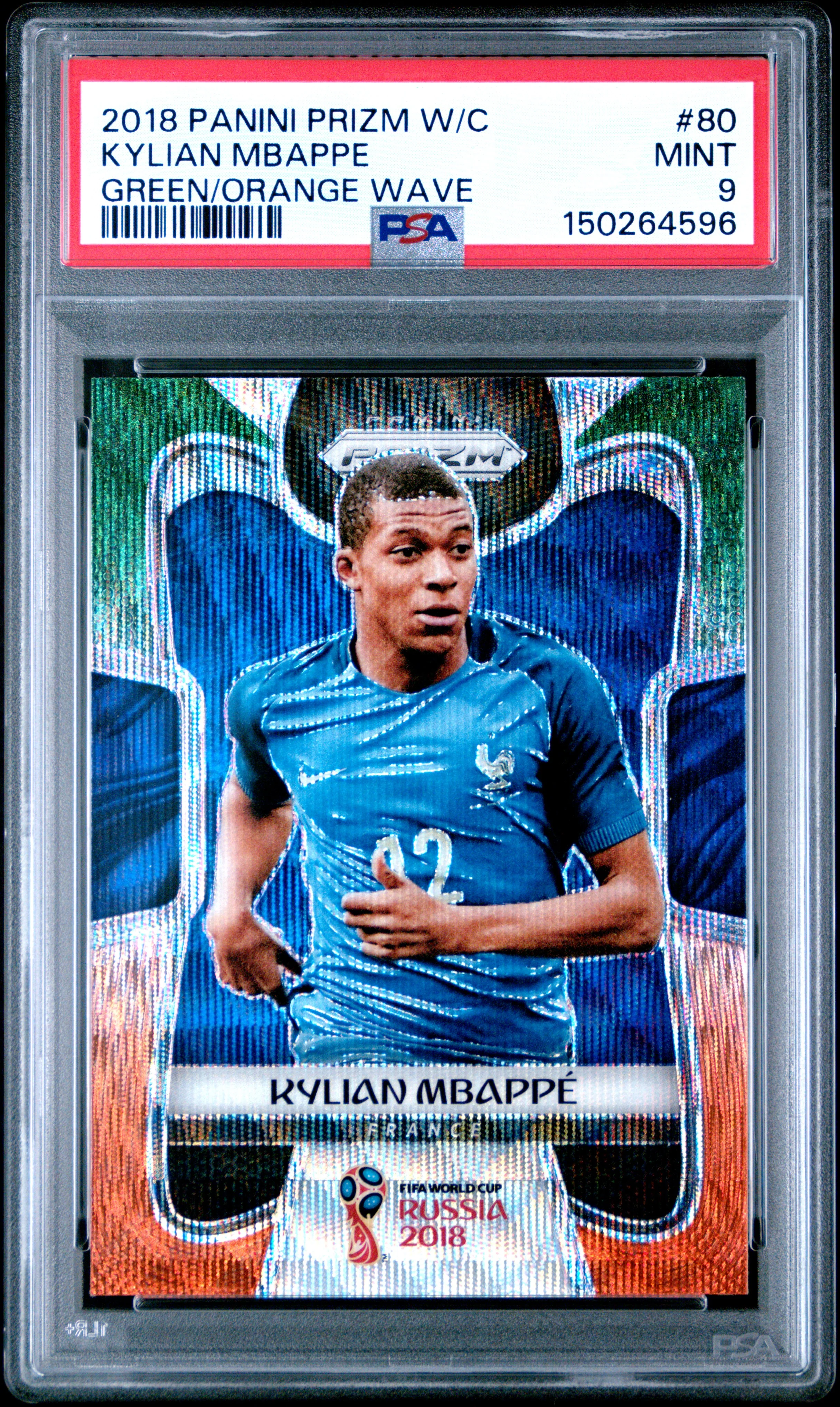 KYLIAN MBAPPE | 2018 PANINI PRIZM WORLD CUP 80 | GREEN/ORANGE WAVE | PSA MINT 9