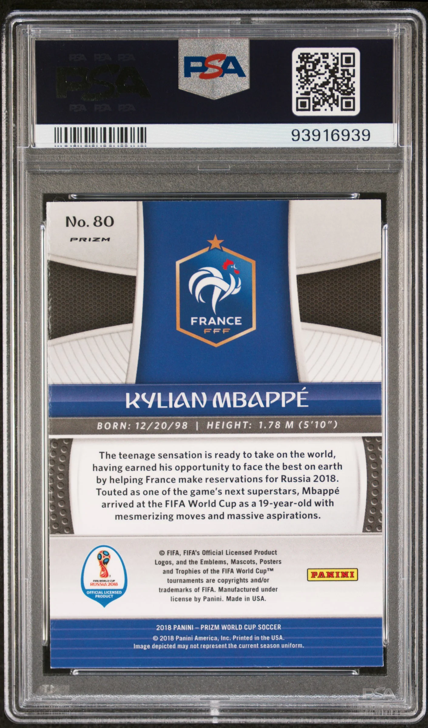 KYLIAN MBAPPE | 2018 PANINI PRIZM WORLD CUP 80 | MOJO PRIZM | PSA GEM MT 10 - Image 2