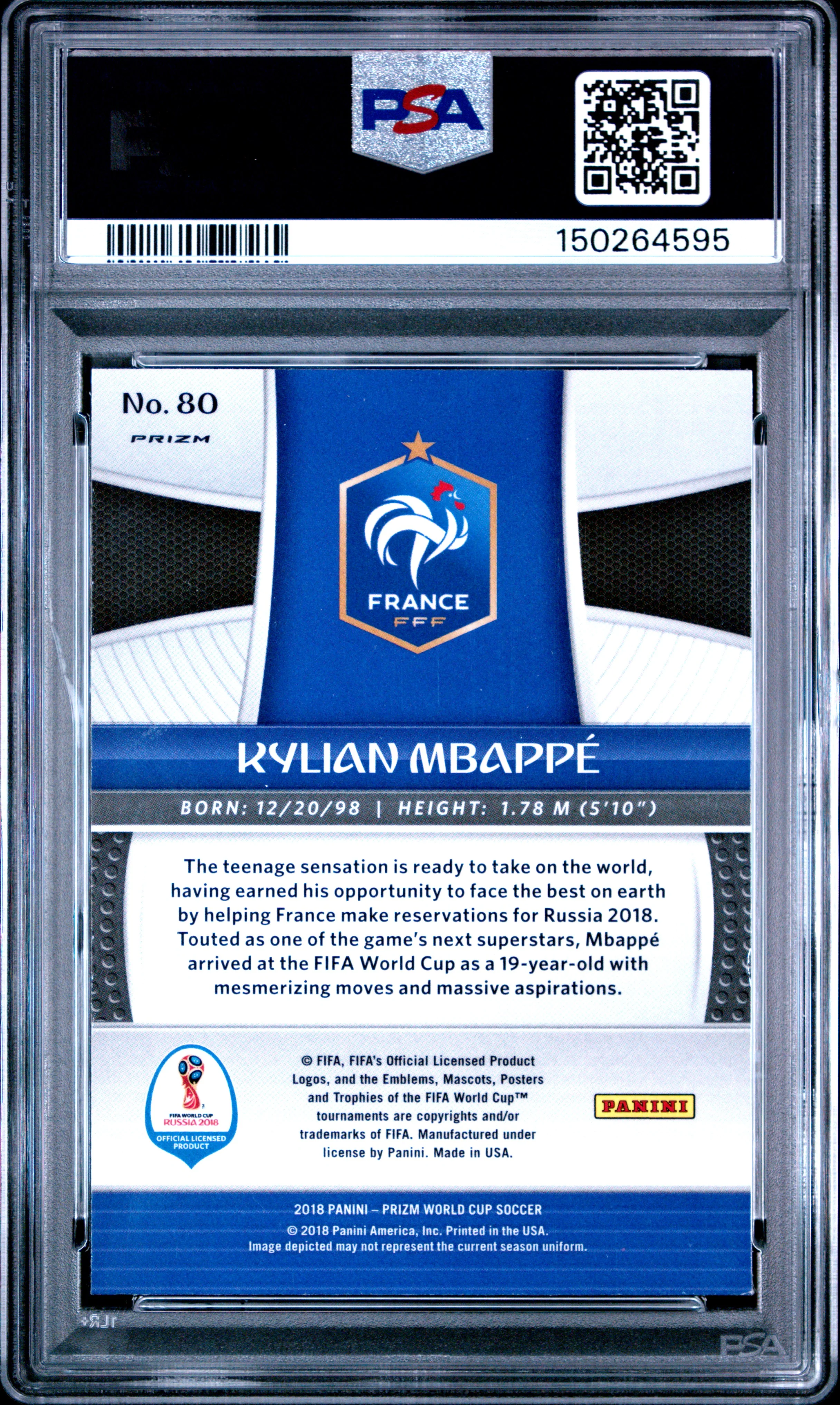 KYLIAN MBAPPE | 2018 PANINI PRIZM WORLD CUP 80 | RED/BLUE WAVE | PSA MINT 9 - Image 2