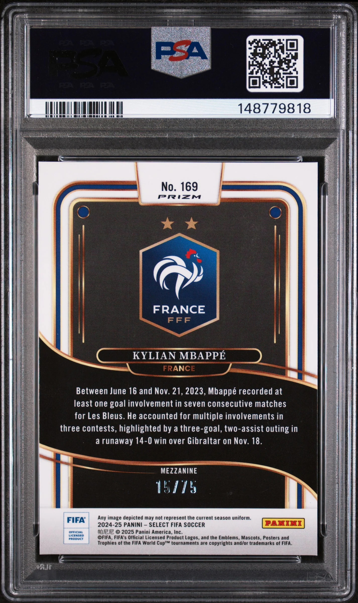 KYLIAN MBAPPE | 2024-25 PANINI SELECT FIFA 169 | BRONZE CHECKER | PSA EX-MT 6 - Image 2