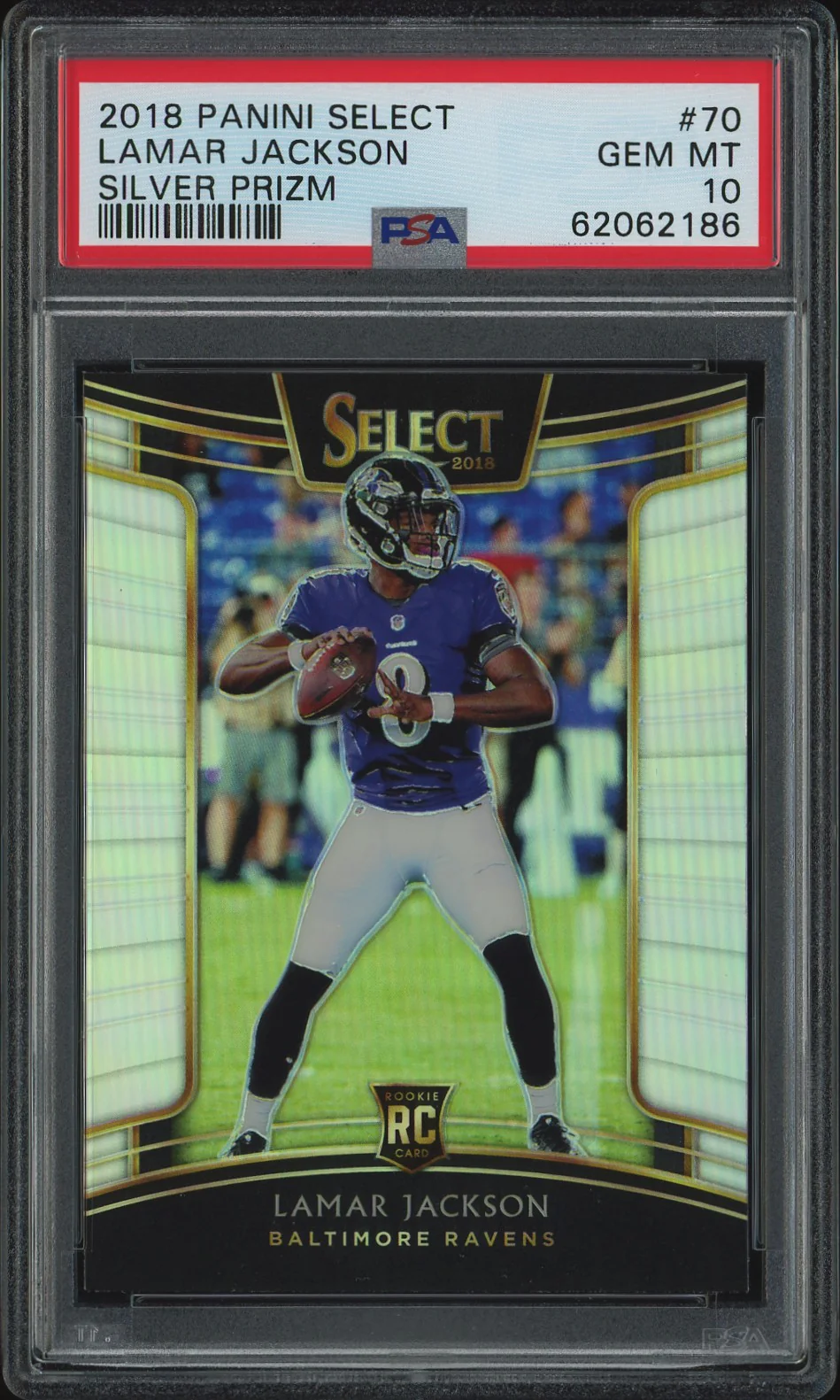 LAMAR JACKSON | 2018 PANINI SELECT 70 | SILVER PRIZM | PSA GEM MT 10