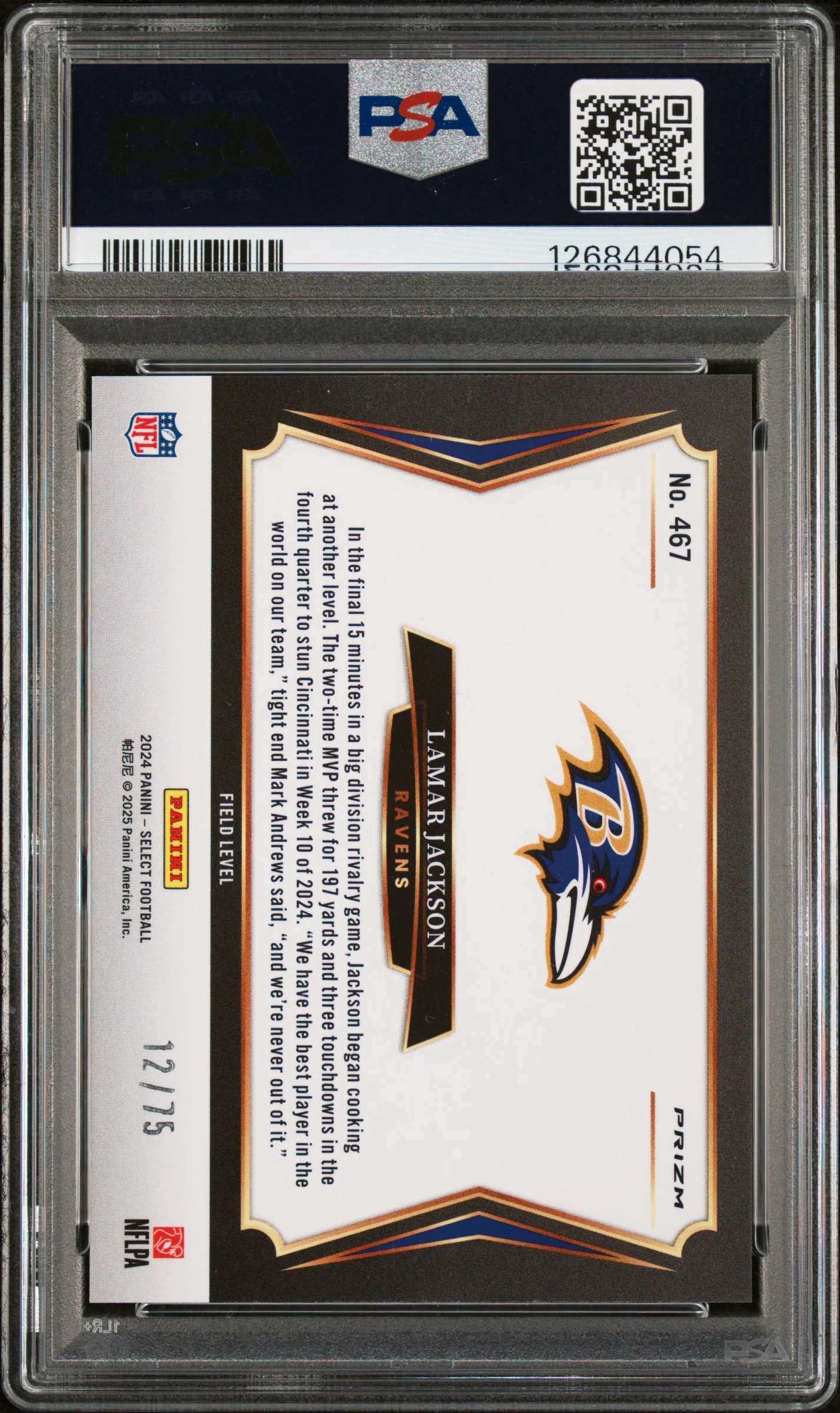 LAMAR JACKSON | 2024 PANINI SELECT 467 | BLUE PRIZM | PSA GEM MT 10 - Image 2