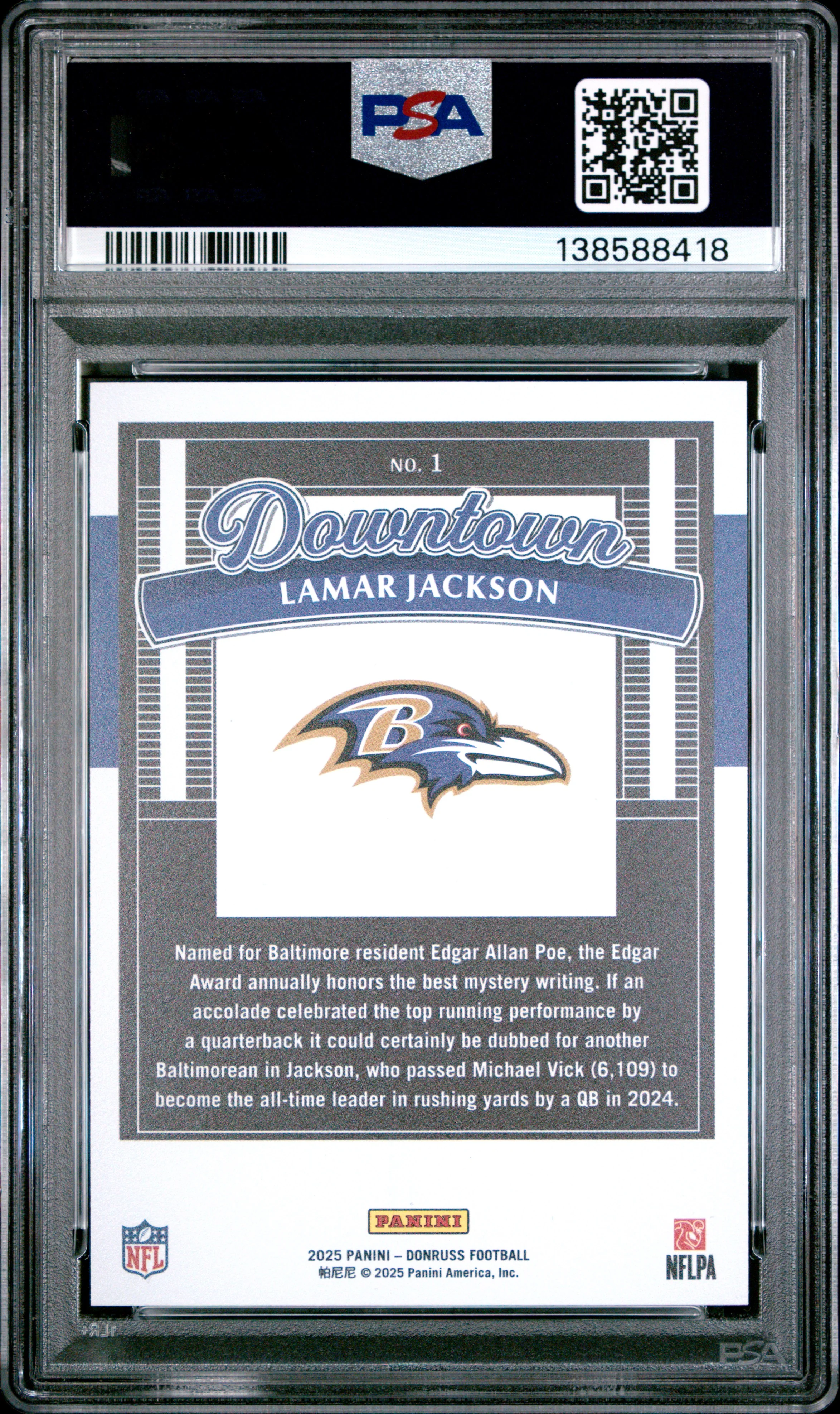 LAMAR JACKSON | 2025 PANINI DONRUSS DOWNTOWN 1 | PSA GEM MT 10 - Image 2
