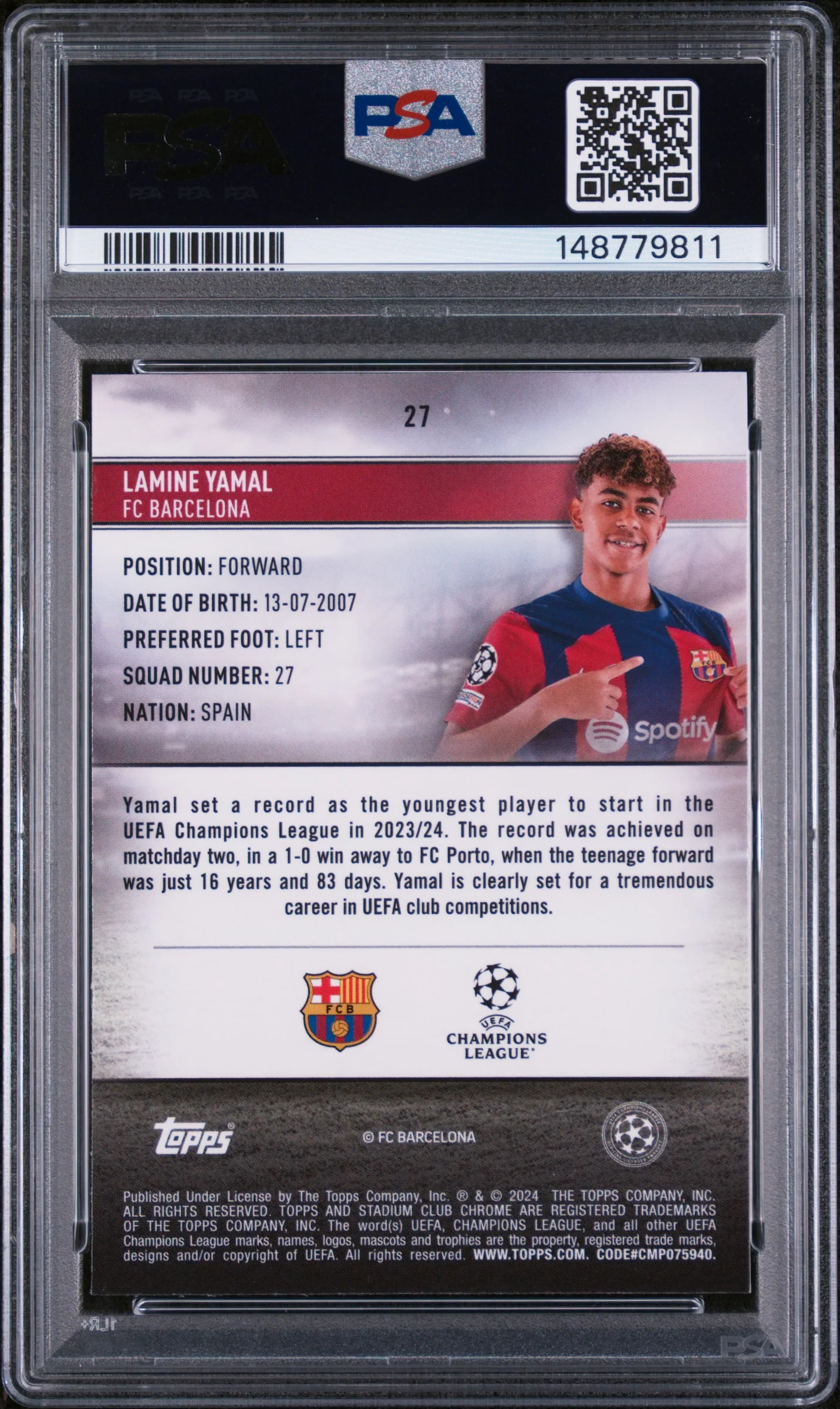 LAMINE YAMAL | 2023-24 TOPPS STADIUM CLUB CHROME UEFA CLUB COMPETITIONS 27 | PSA GEM MT 10 - Image 2
