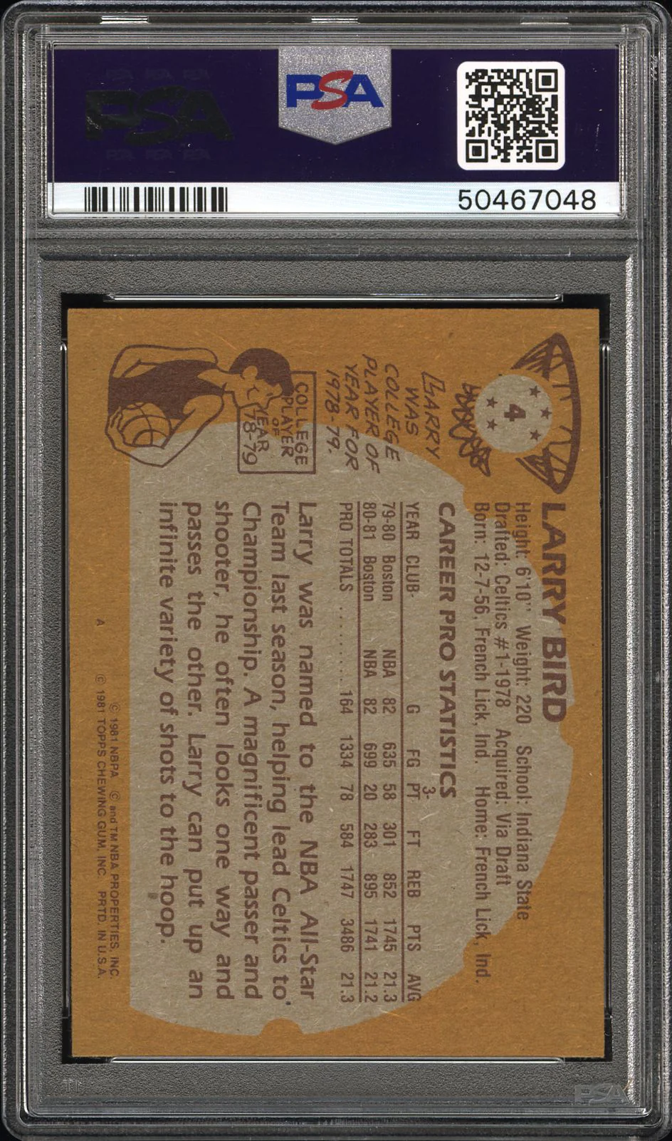 LARRY BIRD | 1981 TOPPS 4 | PSA MINT 9 - Image 2