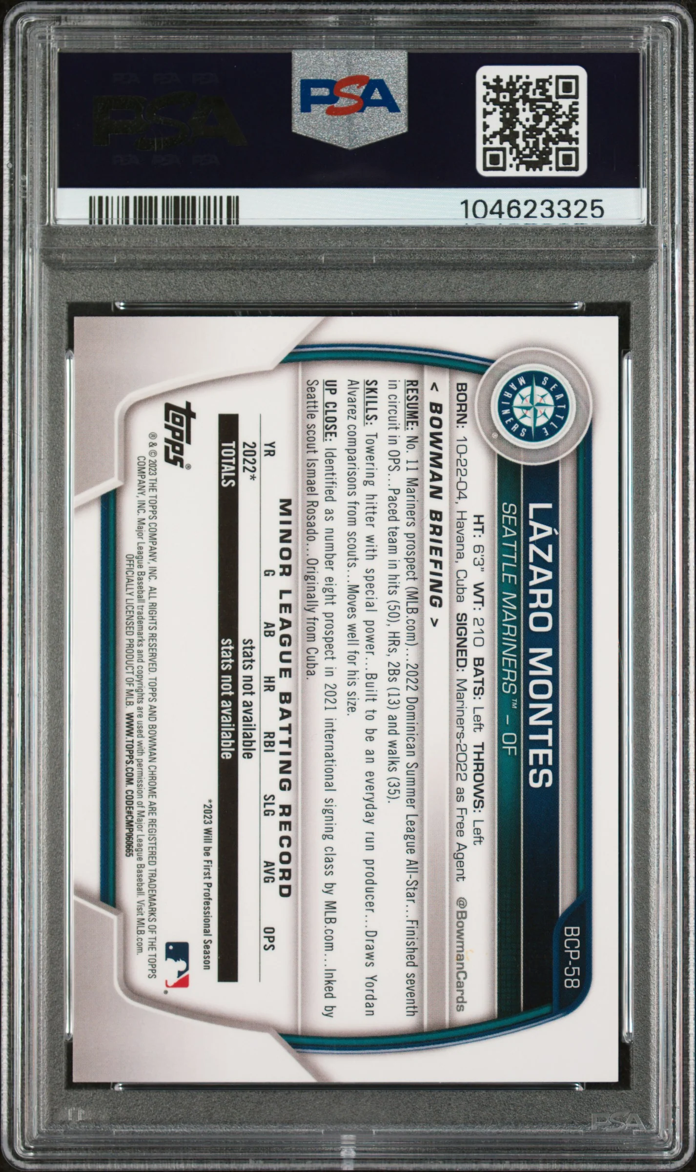 LAZARO MONTES | 2023 BOWMAN CHROME PROSPECTS BCP58 | CHR PROS-AQUA CRATER REF | PSA GEM MT 10 - Image 2
