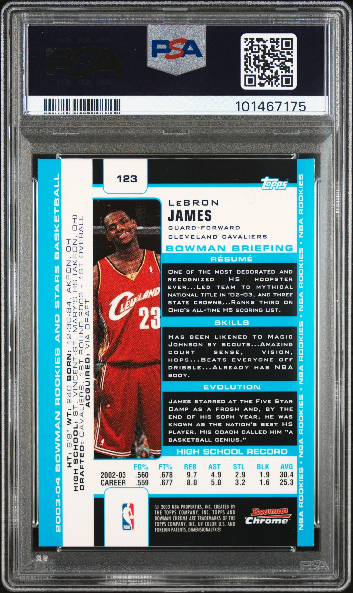 LeBRON JAMES | 2003 BOWMAN ROOKIES & STARS 123 | CHROME | PSA MINT 9 - Image 2