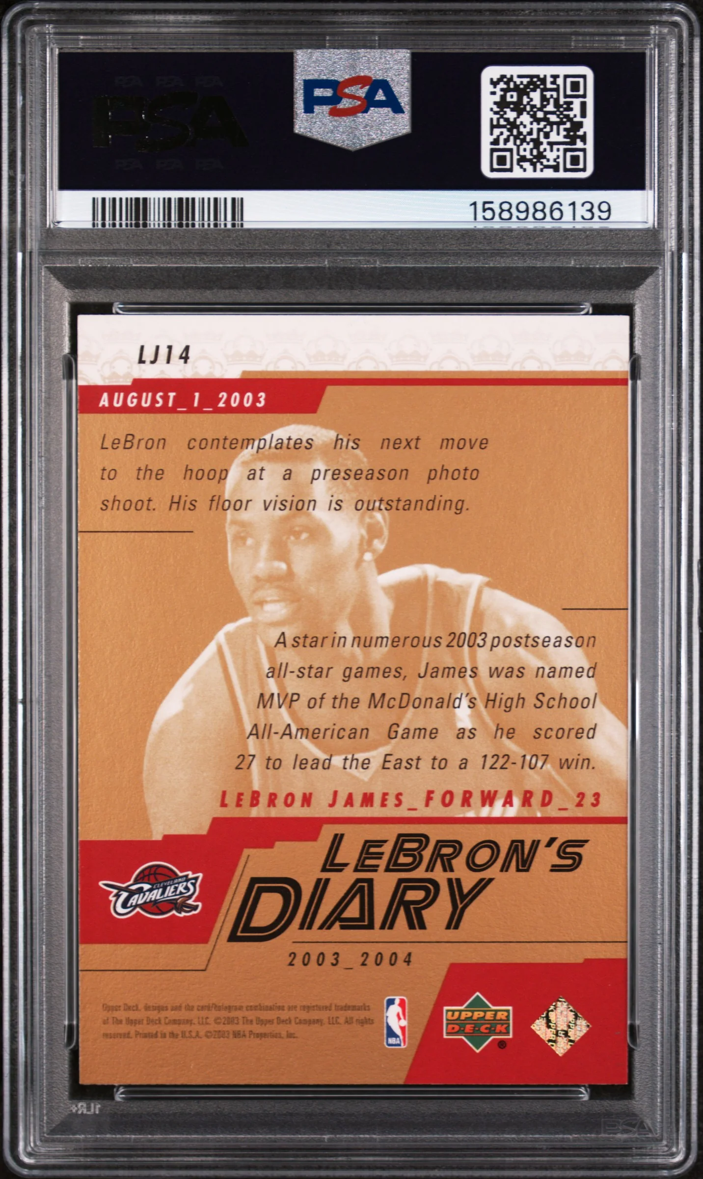 LeBRON JAMES | 2003 UPPER DECK LEBRON'S DIARY LJ14 | LeBRON'S DIARY | PSA MINT 9 - Image 2