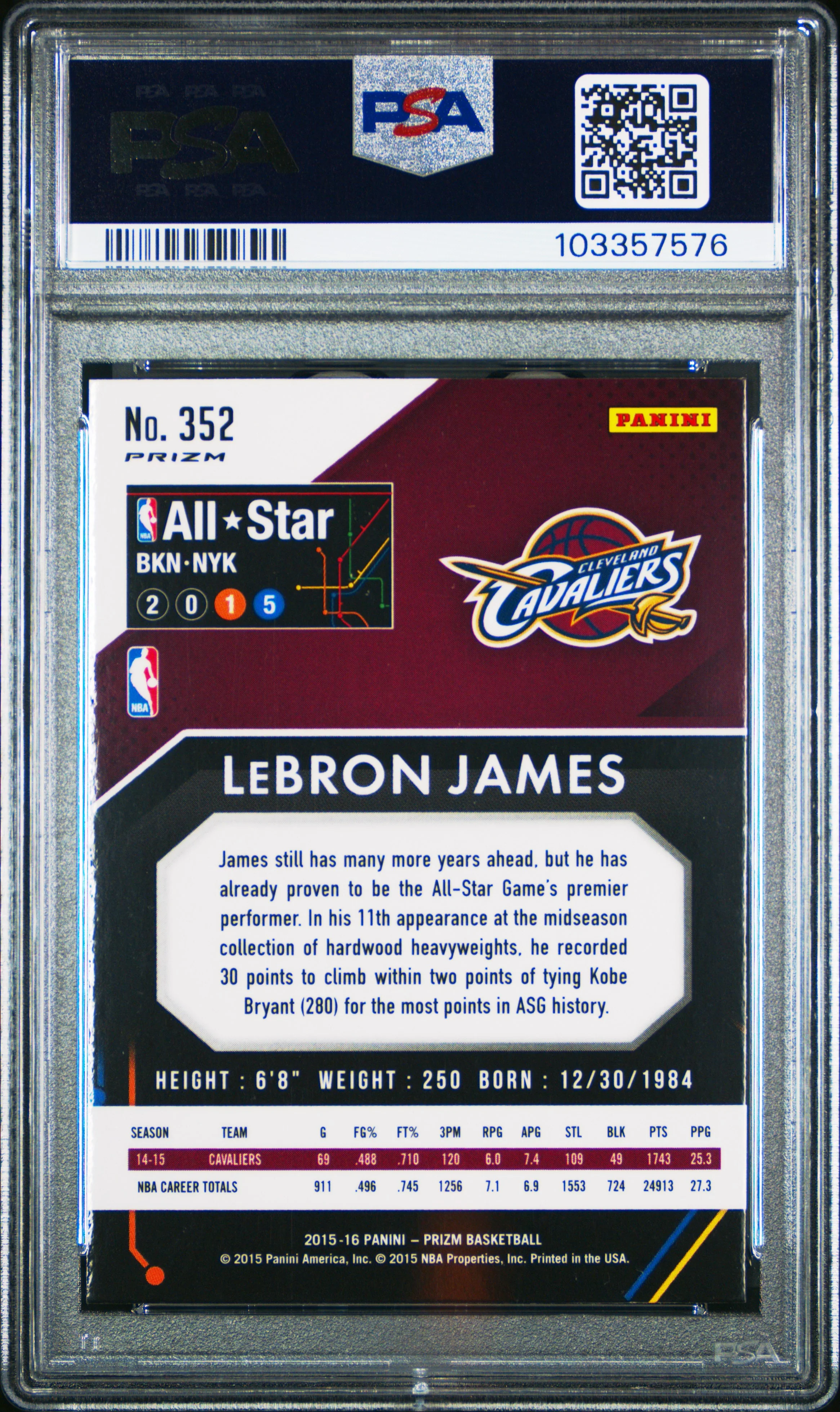 LeBRON JAMES | 2015 PANINI PRIZM 352 | RED/WHITE/BLUE PRIZM | PSA GEM MT 10 - Image 2