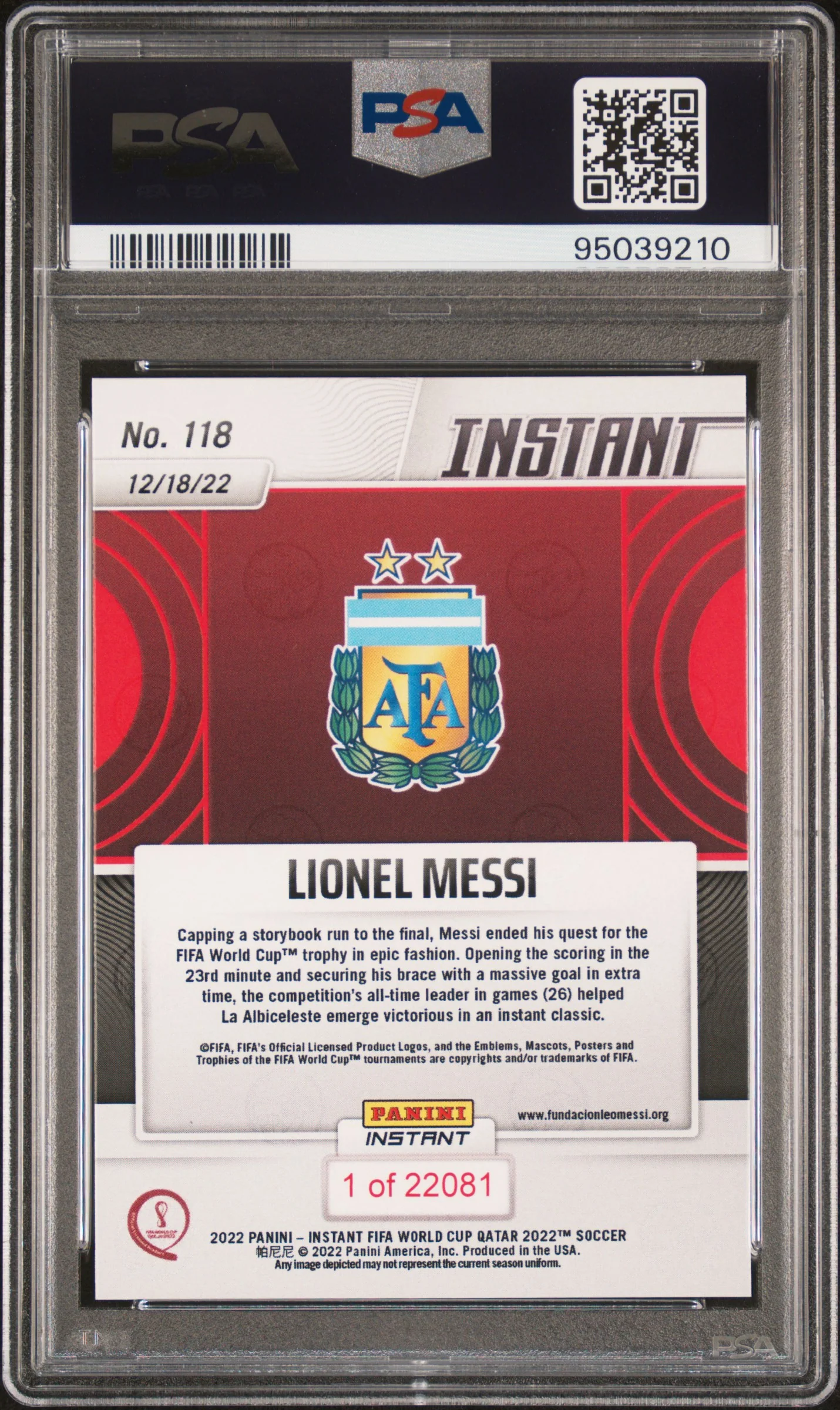 LIONEL MESSI | 2022 PANINI INSTANT FIFA WORLD CUP QATAR 118 | FIFA WORLD CUP QATAR | PSA GEM MT 10 - Image 2
