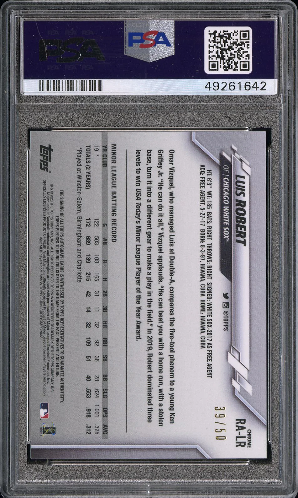 LUIS ROBERT | 2020 TOPPS CHROME ROOKIE AUTOGRAPHS RALR | RKE.AUTO-GOLD REF. | PSA MINT 9 - Image 2