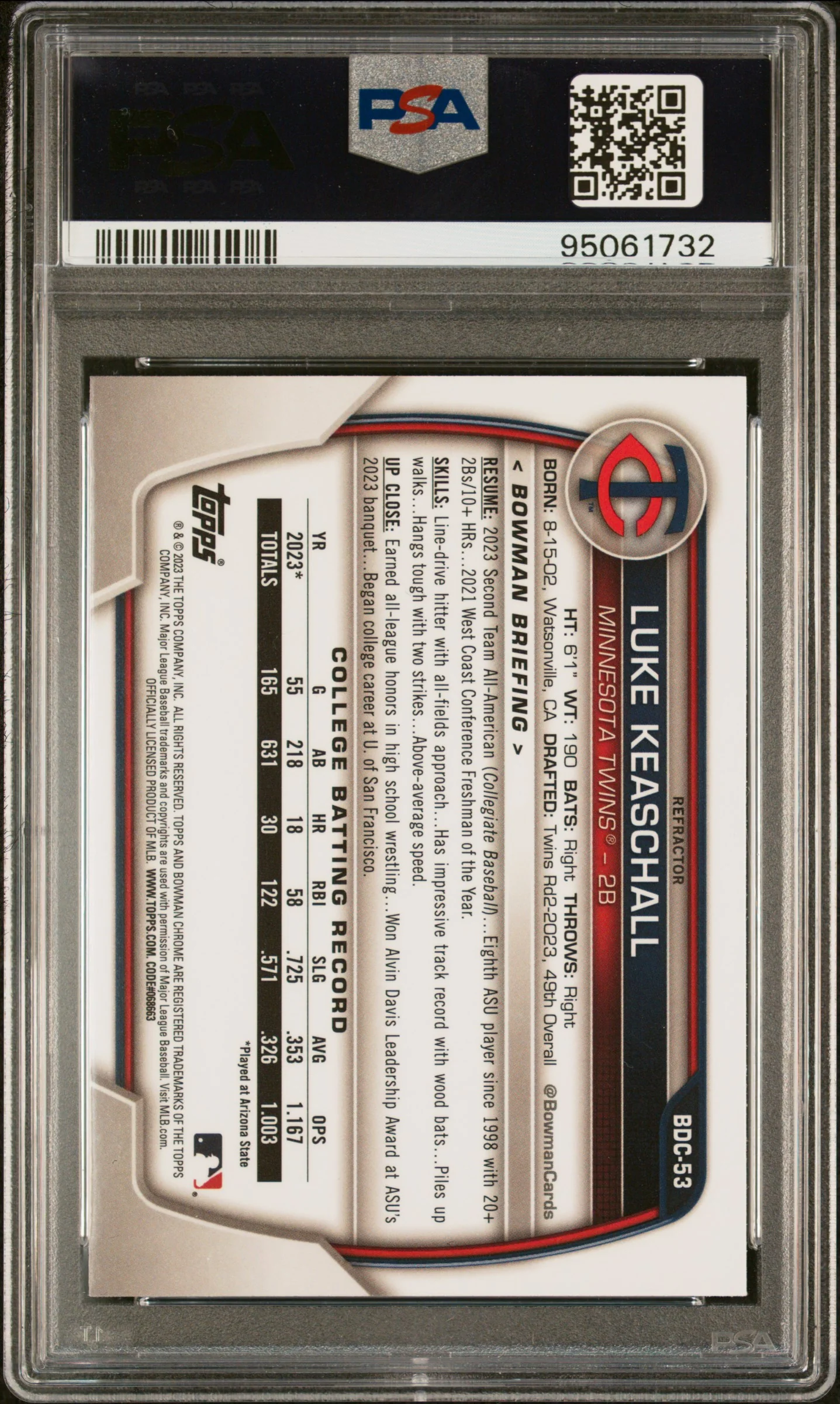 LUKE KEASCHALL | 2023 BOWMAN DRAFT BDC53 | CHROME-REFRACTOR | PSA MINT 9 - Image 2
