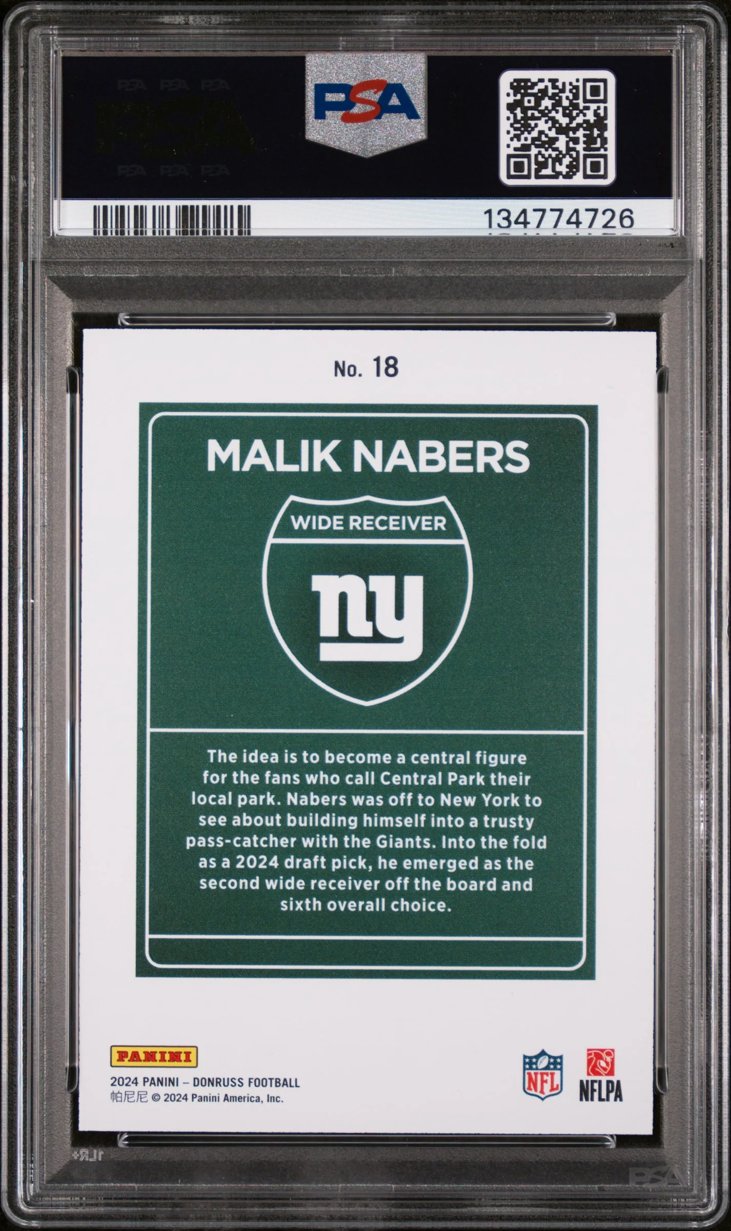 MALIK NABERS | 2024 PANINI DONRUSS DOWNTOWN! 18 | PSA NM-MT 8 - Image 2